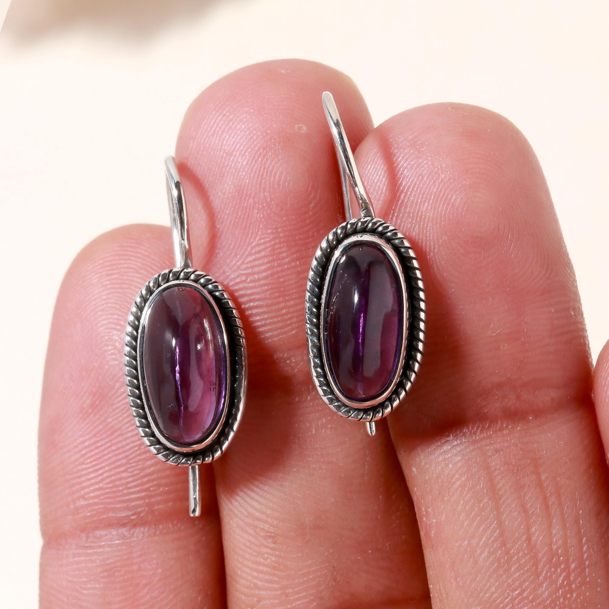 925 Sterling Silver Oval Amethyst Vintage-Style Dangle Earrings