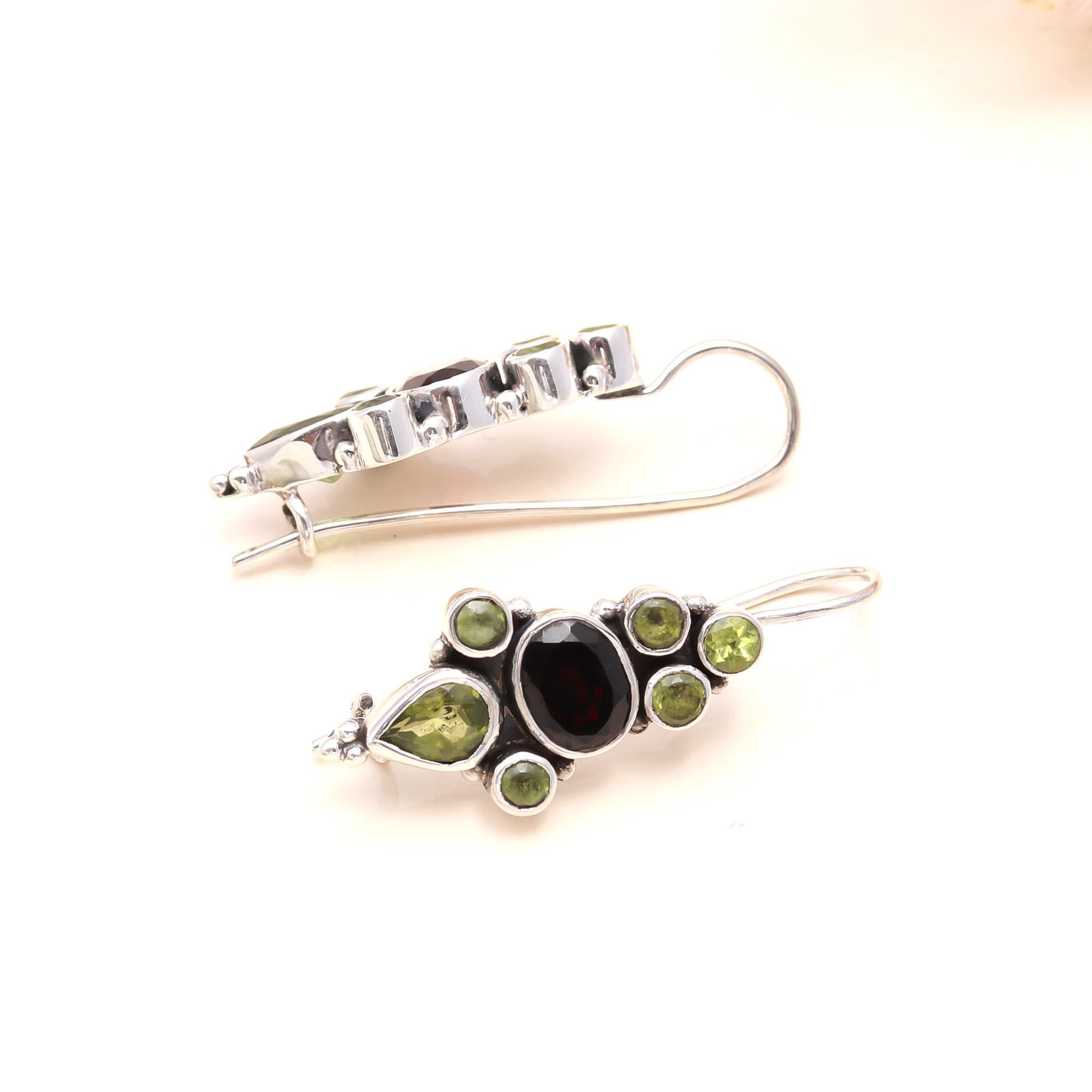 925 Sterling Silver Garnet & Peridot Vintage Boho Dangle Earrings