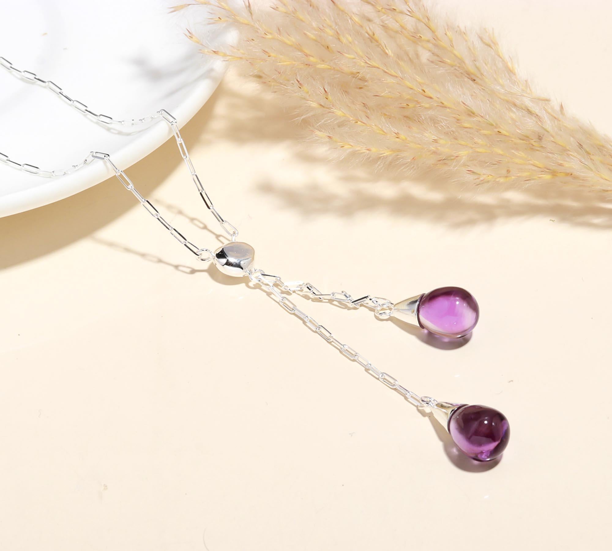 925 Sterling Silver Amethyst Teardrop Pendants Necklace