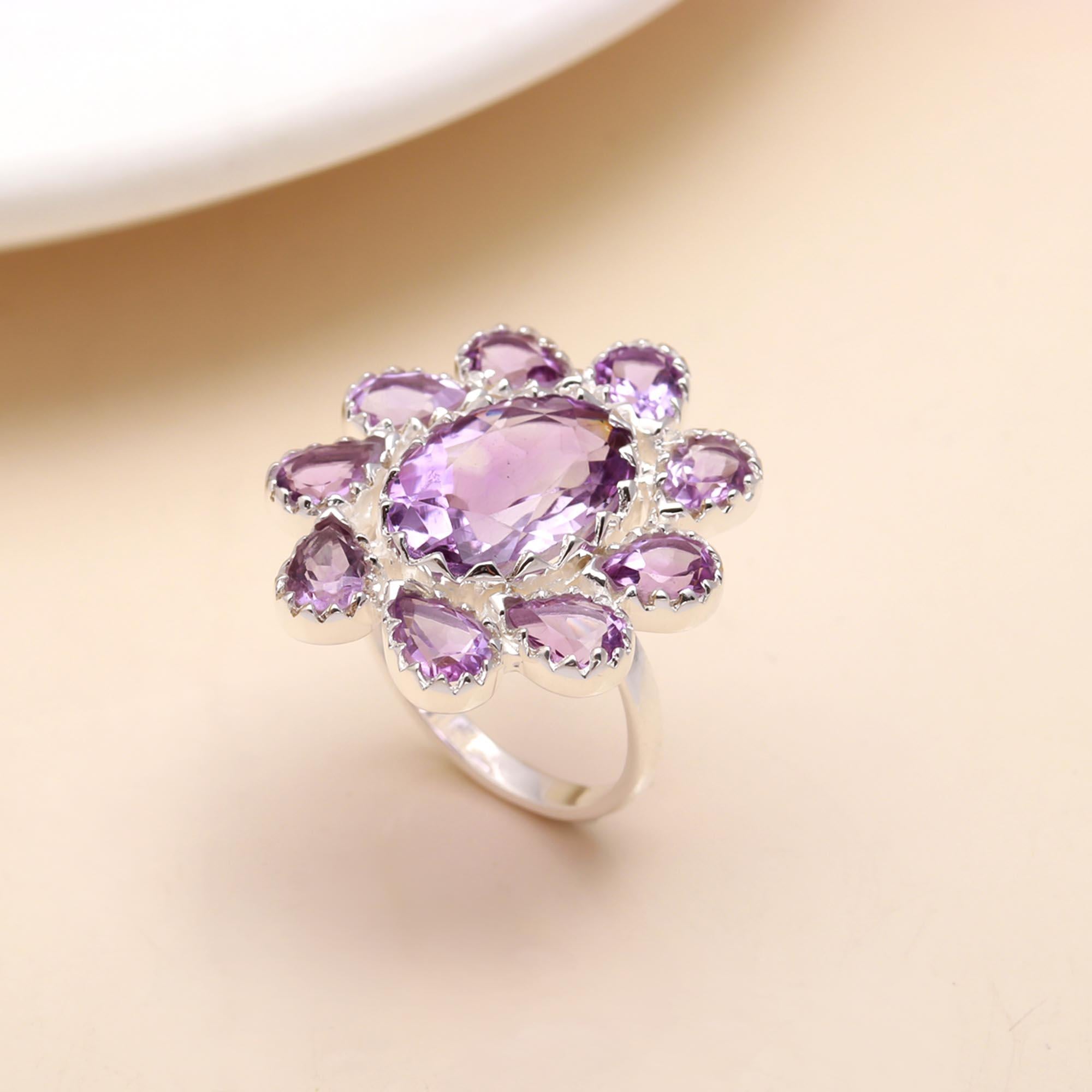 925 Sterling Silver Amethyst Cluster Statement Ring