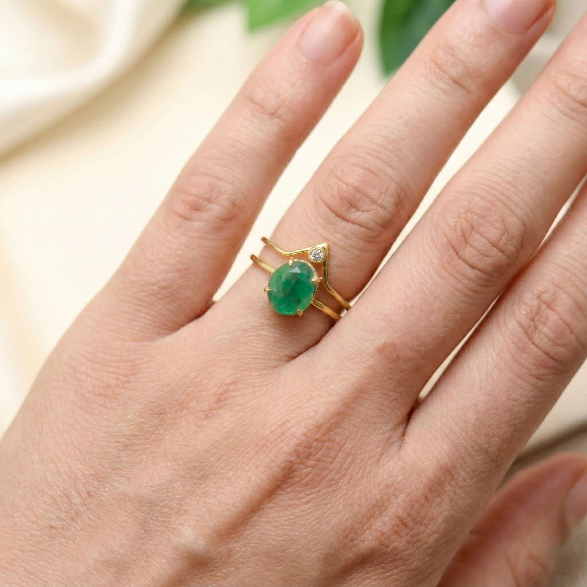 The Verdant Sovereign: Raw Emerald & Zircon Chevron Ring Set