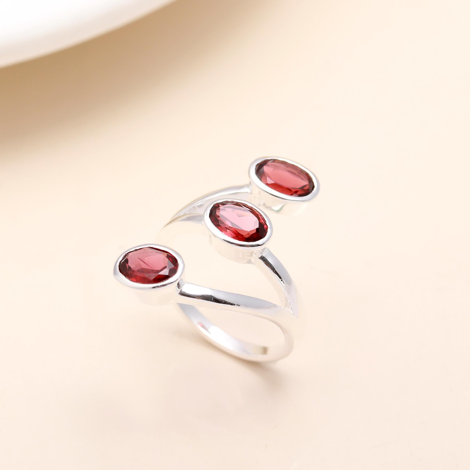 925 Sterling Silver Triple Oval Red Garnet Ring