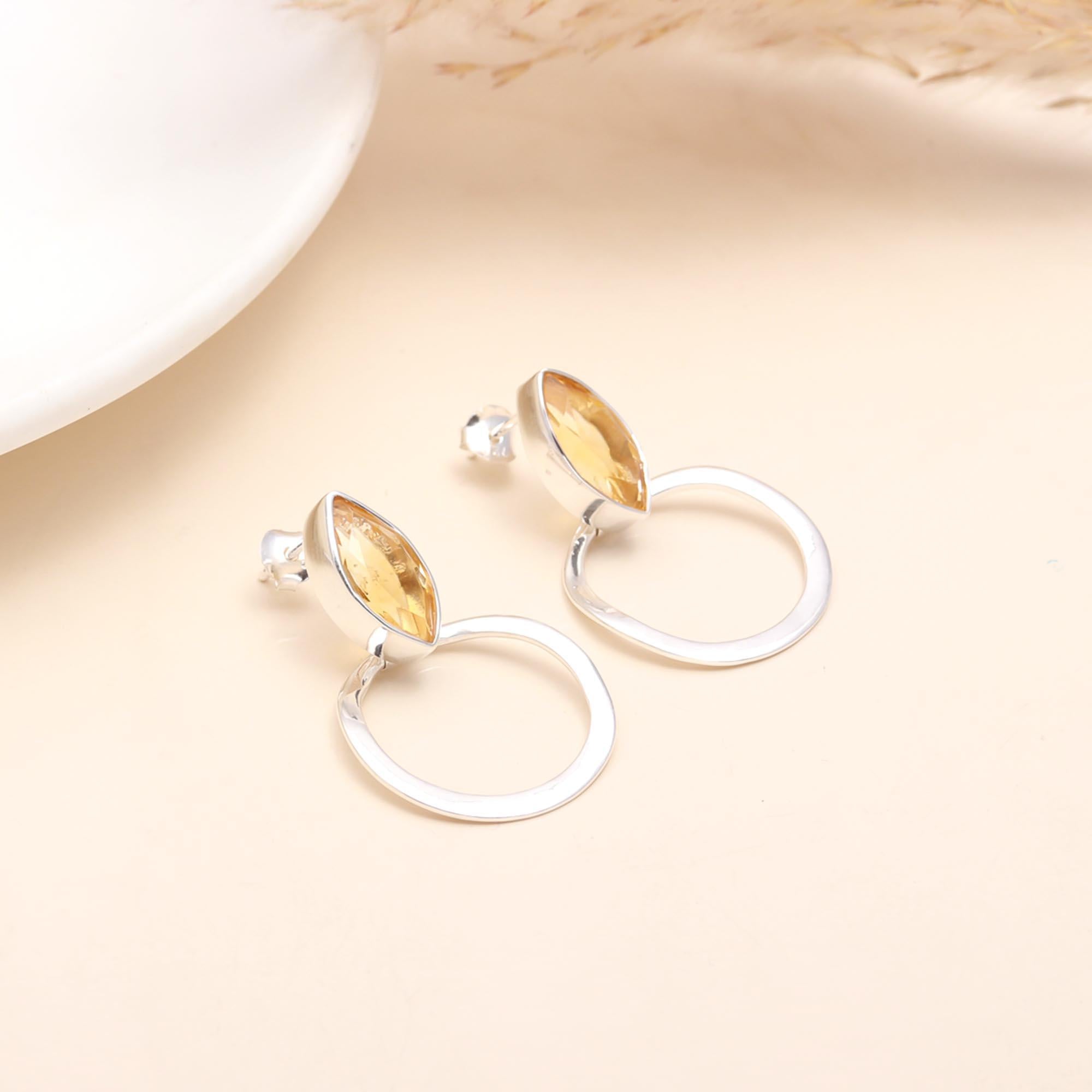 925 Sterling Silver Marquise Citrine Hoop Earrings