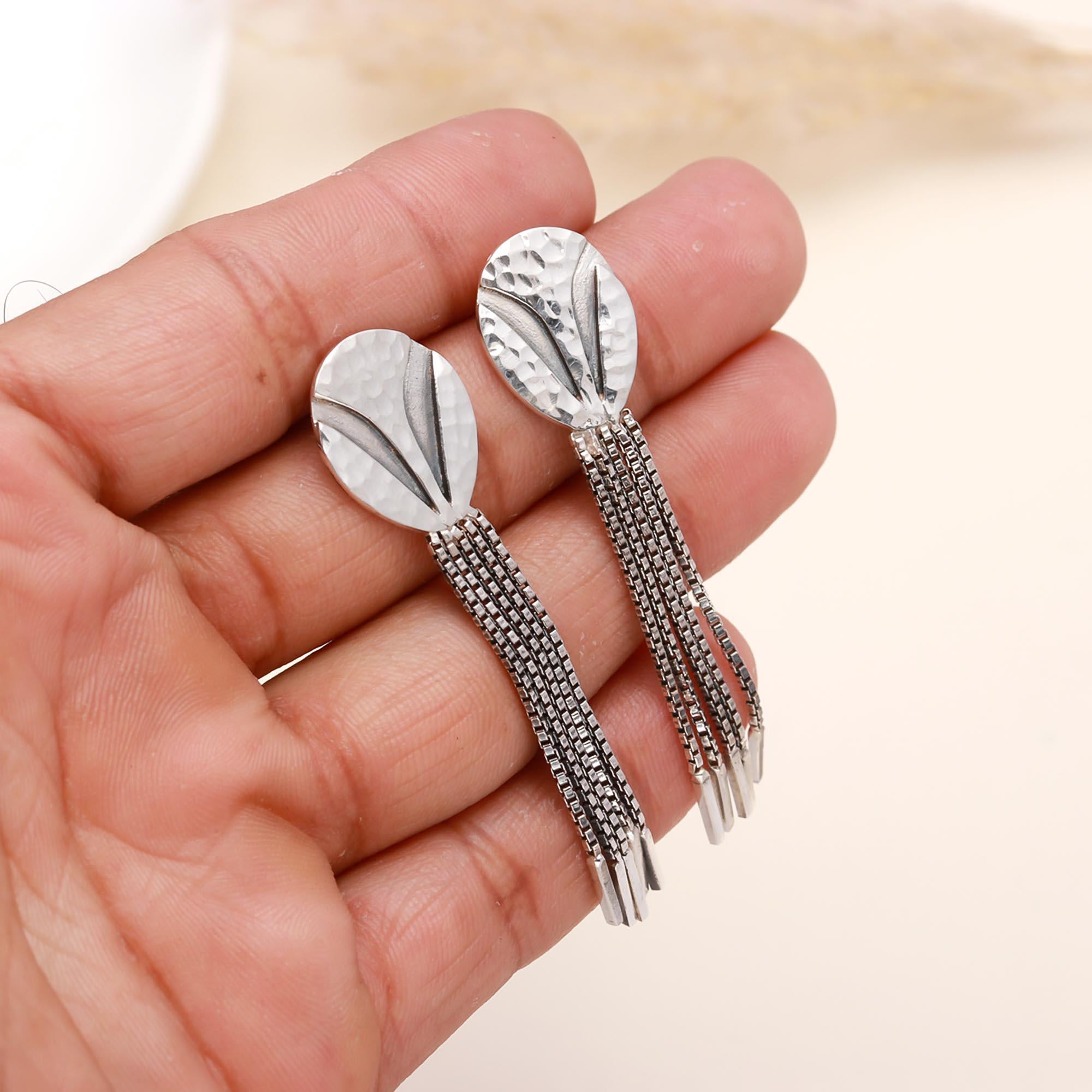 925 Sterling Silver Hammered Oval Stud Earrings with Chain Fringe