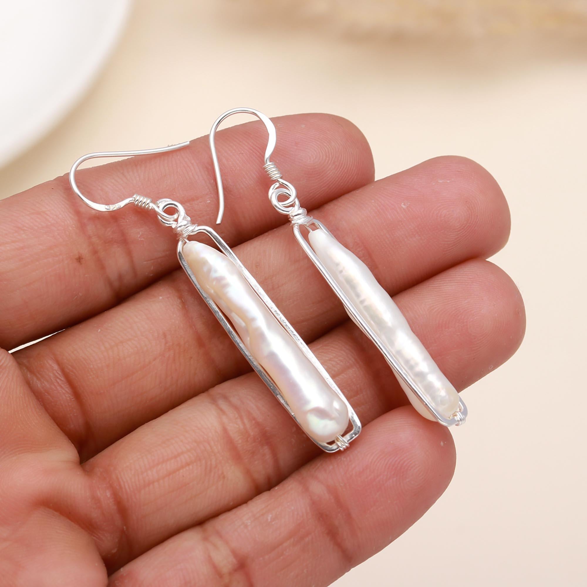 925 Sterling Silver Wire-Wrapped Long Baroque Pearl Dangle Earrings