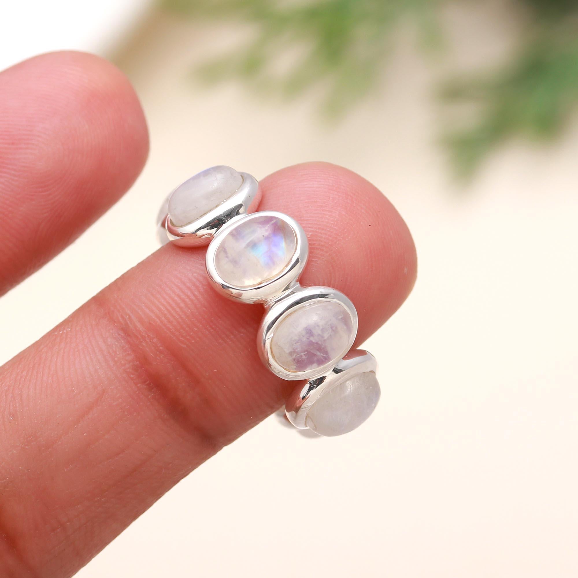 925 Sterling Silver Rainbow Moonstone Band Ring