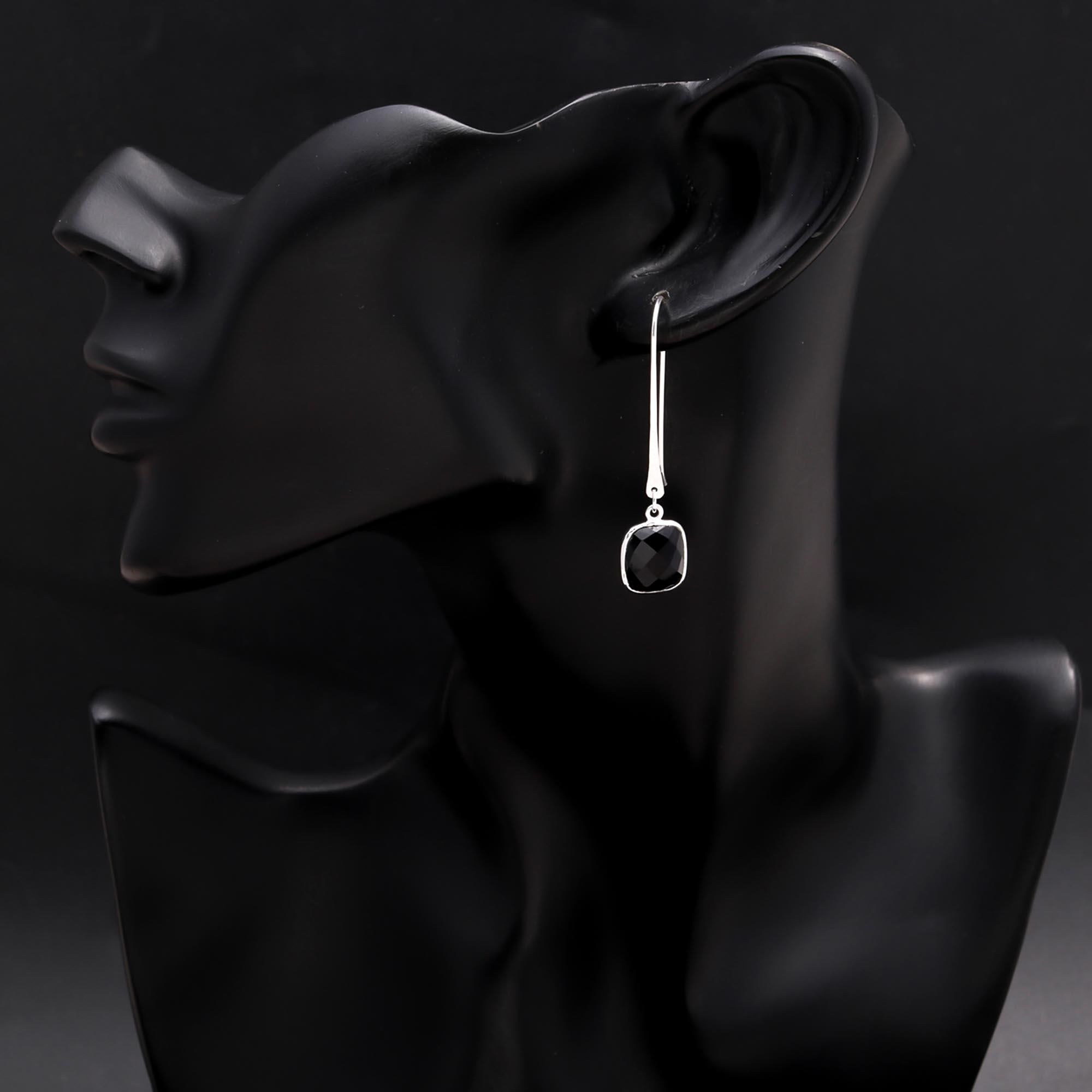 925 Sterling Silver Black Onyx Cushion-Cut Drop Earrings