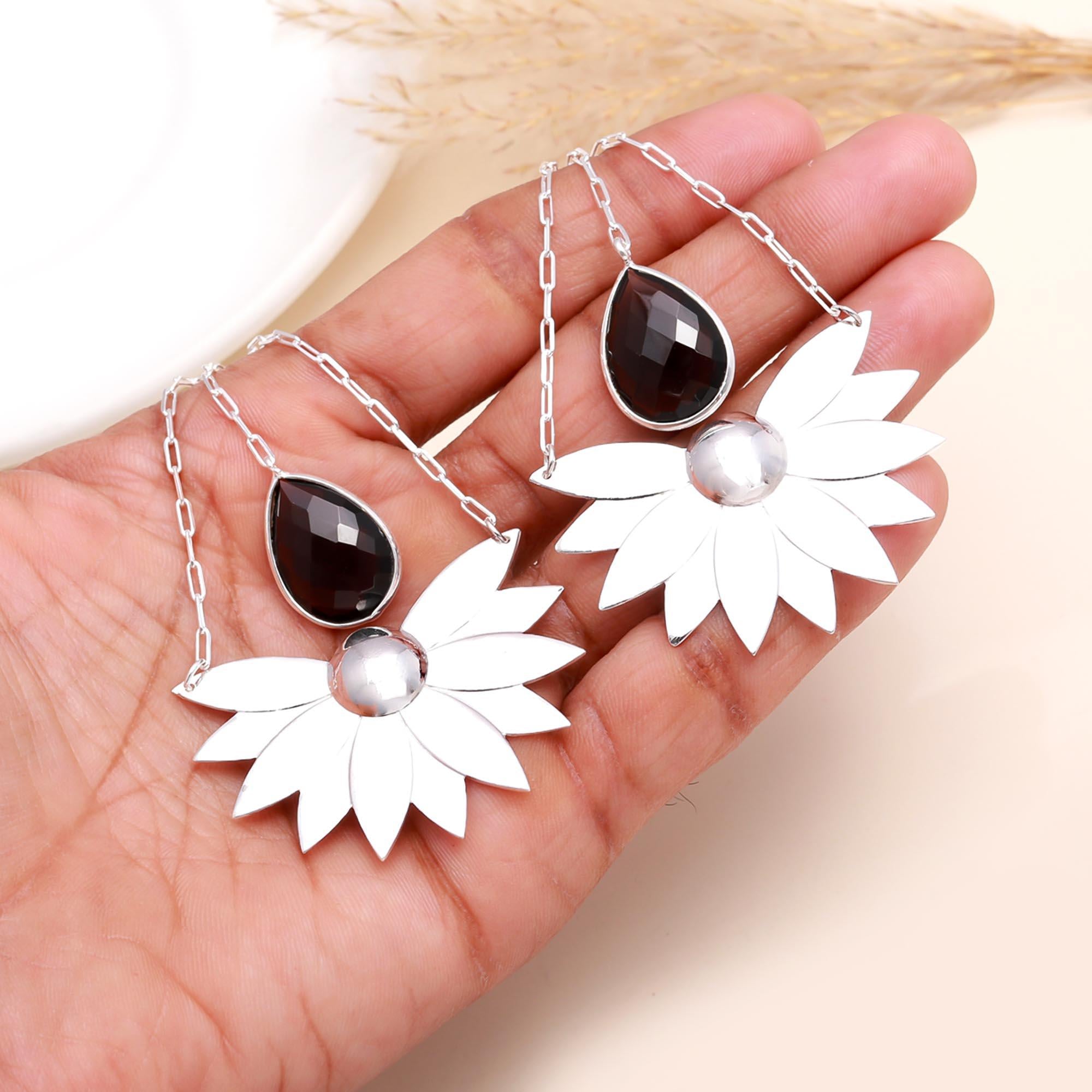 925 Sterling Silver Smoky Quartz Floral Dangle Earrings