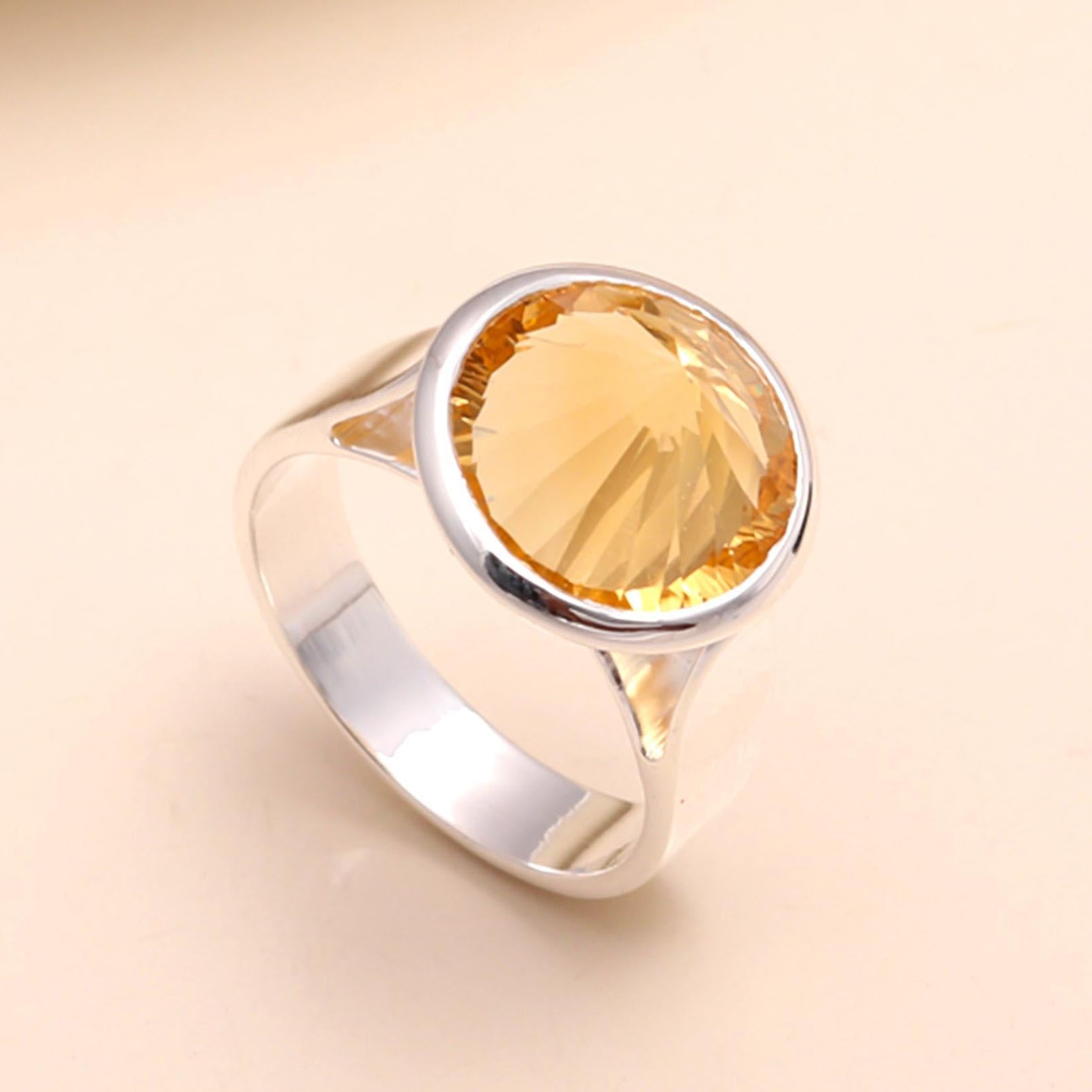 925 Sterling Silver Roung Citrine Statement Ring