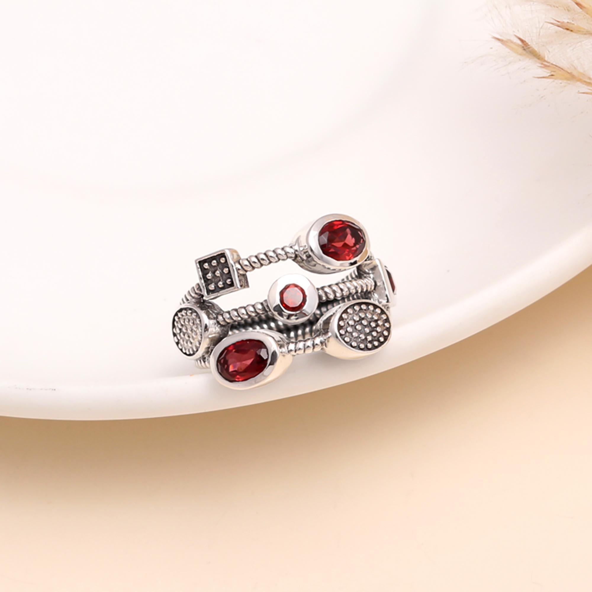 925 Sterling Silver Multi-Garnet Boho Statement Ring