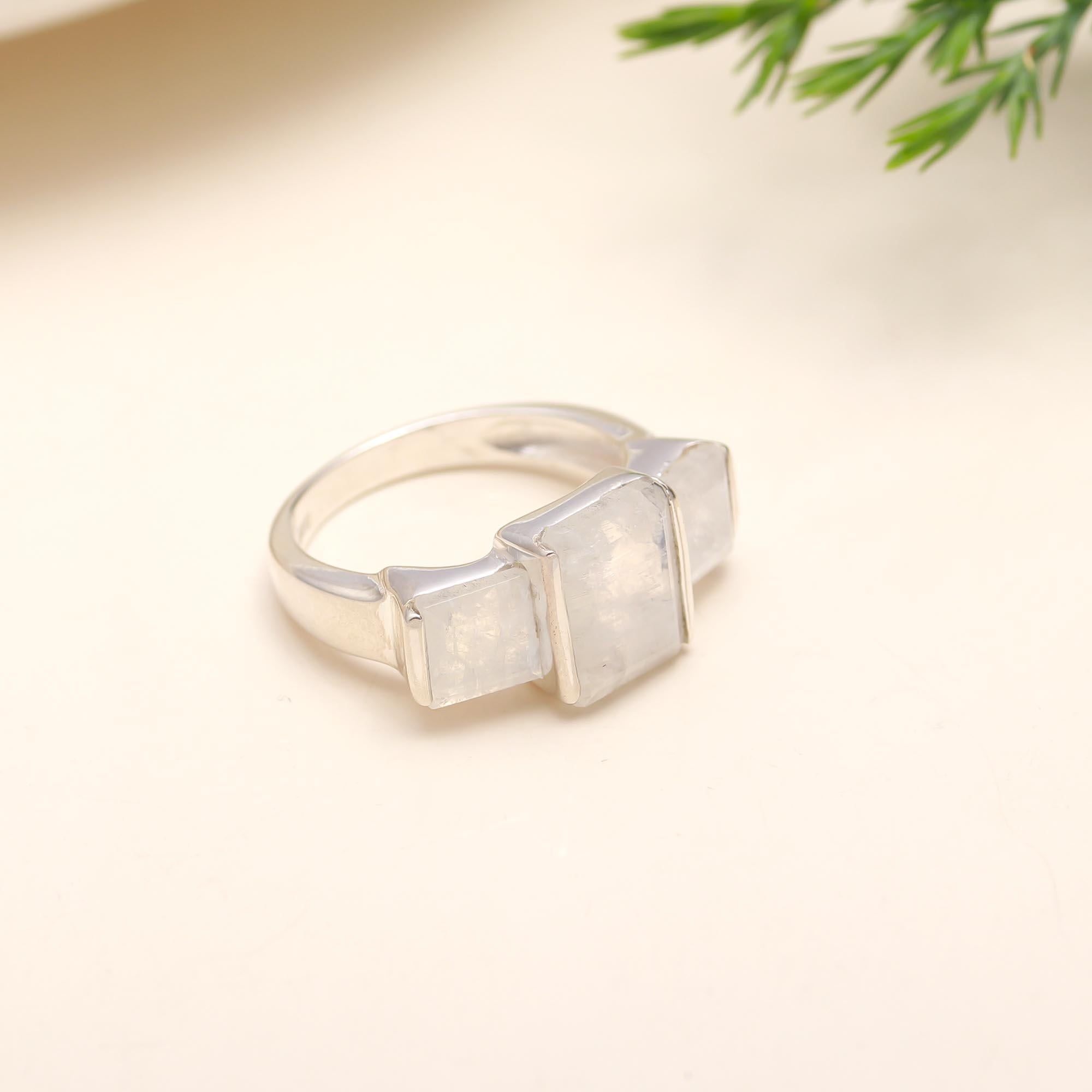 925 Silver Triple Rainbow Moonstone Ring