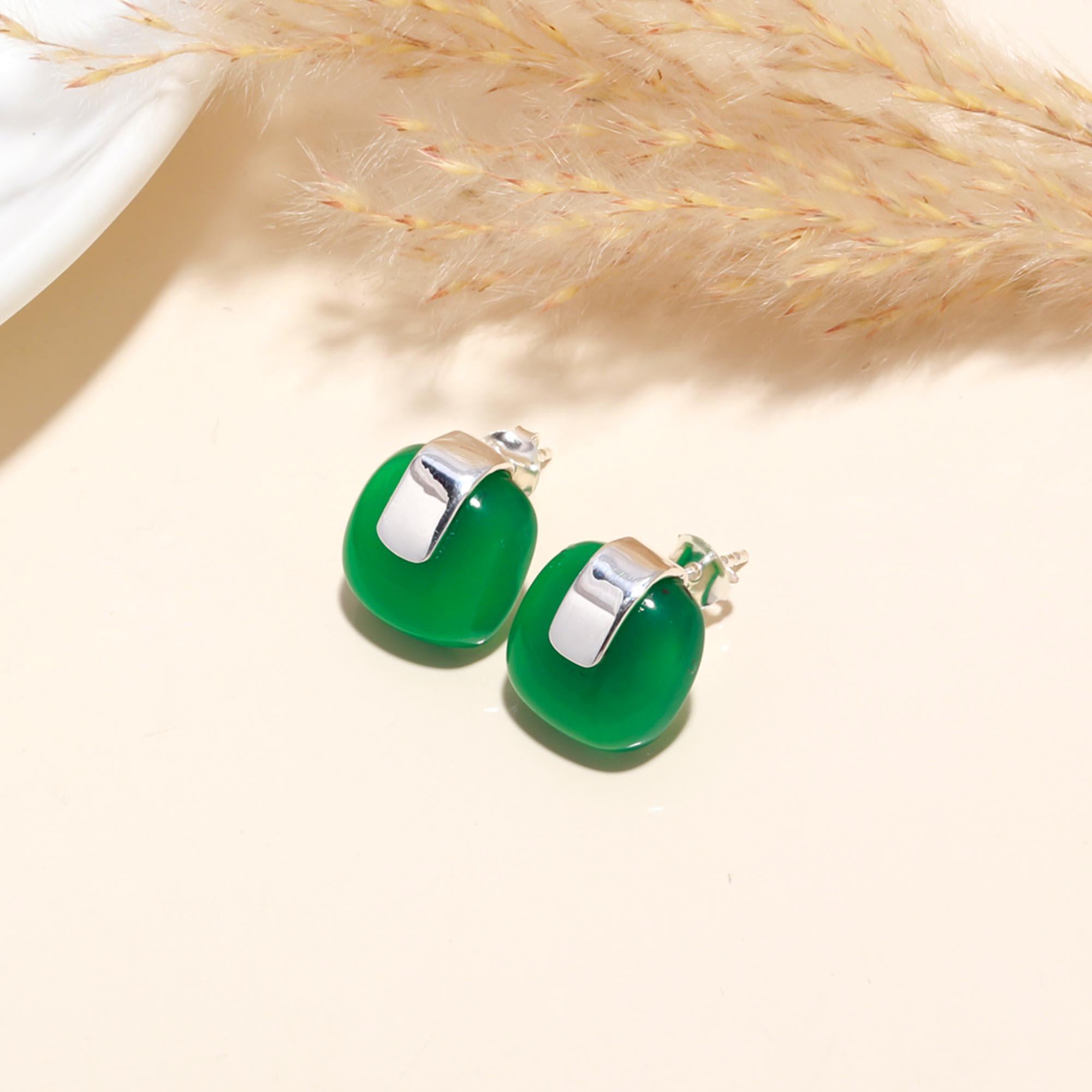 925 Sterling Silver Green Chalcedony Modern Studs Earrings