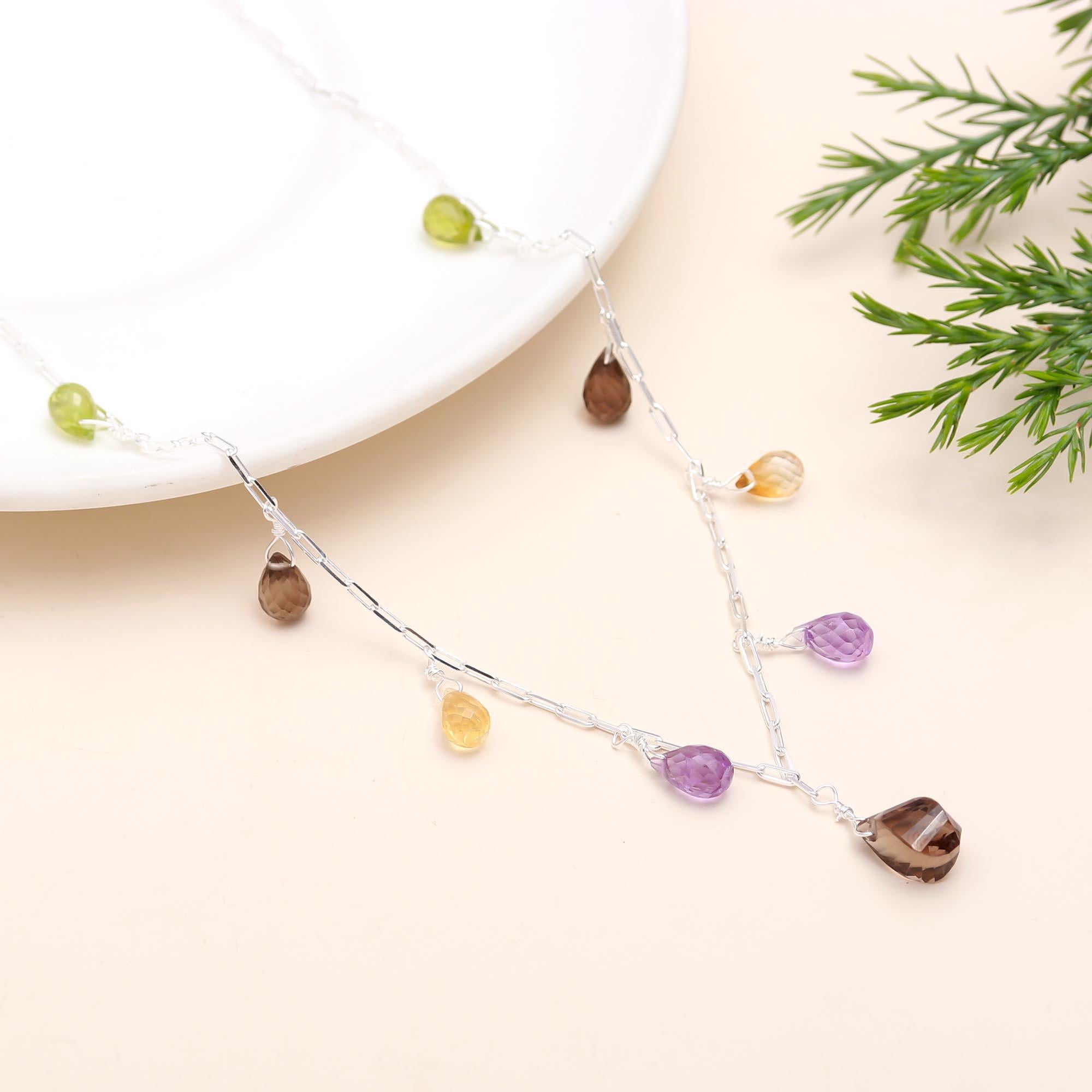925 Sterling Silver Natural Multy Peridot Citrine Amethyst Smoky Necklace