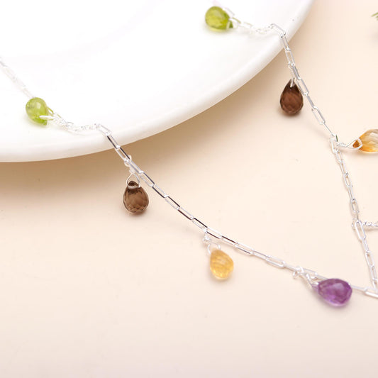 925 Sterling Silver Natural Multy Peridot Citrine Amethyst Smoky Necklace