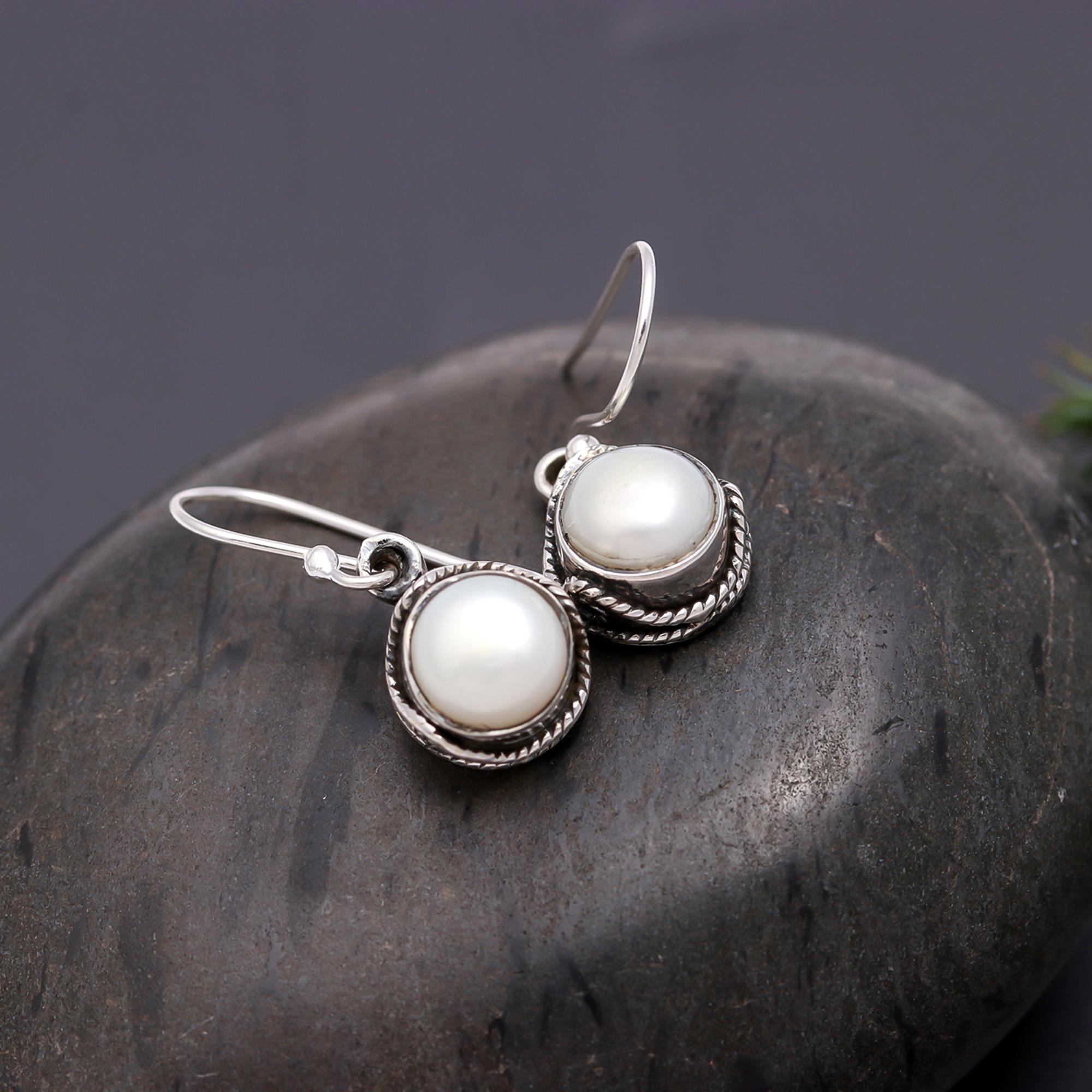 925 Silver Round White Pearl Drop Earrings