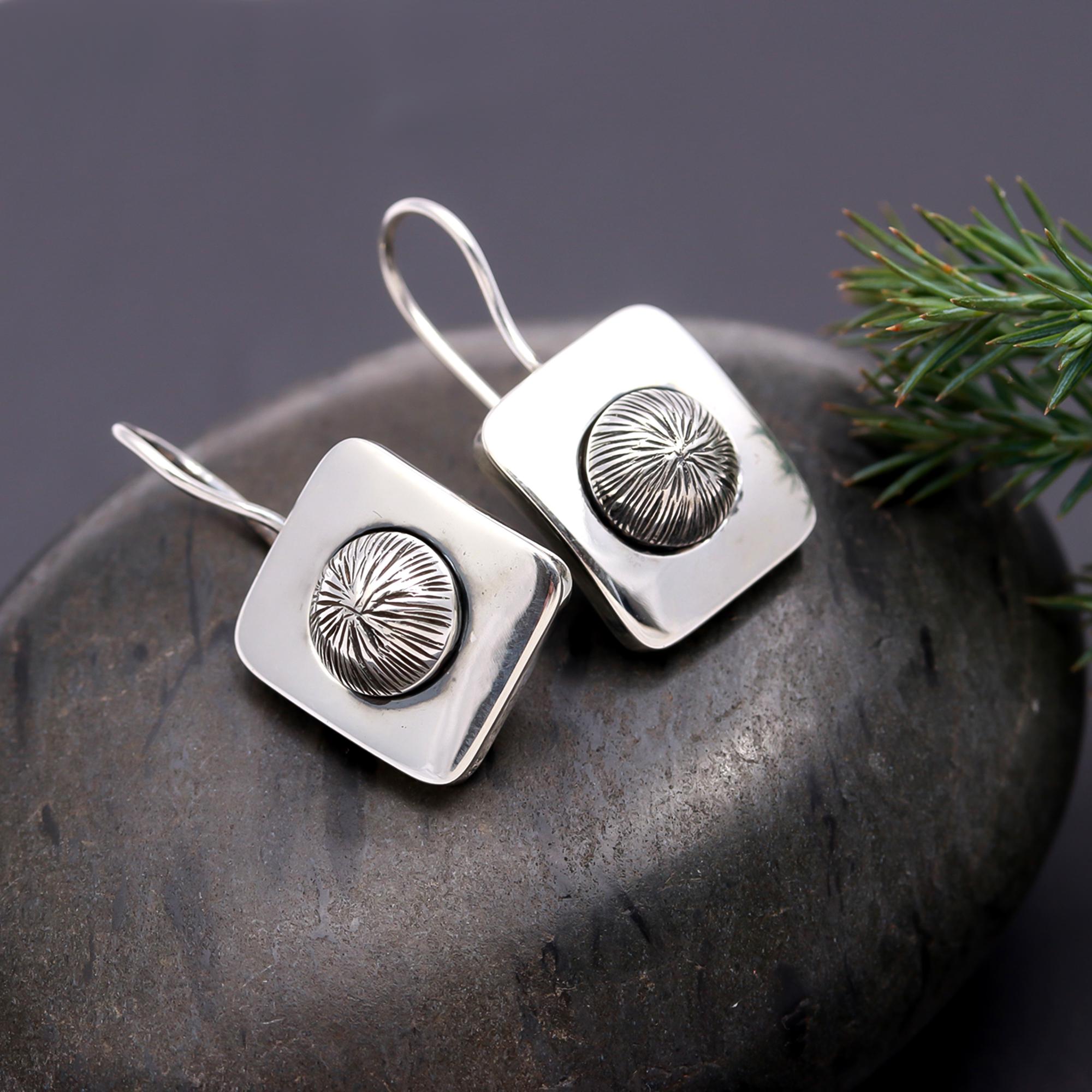 925 Silver Sunburst Dome Square Earrings