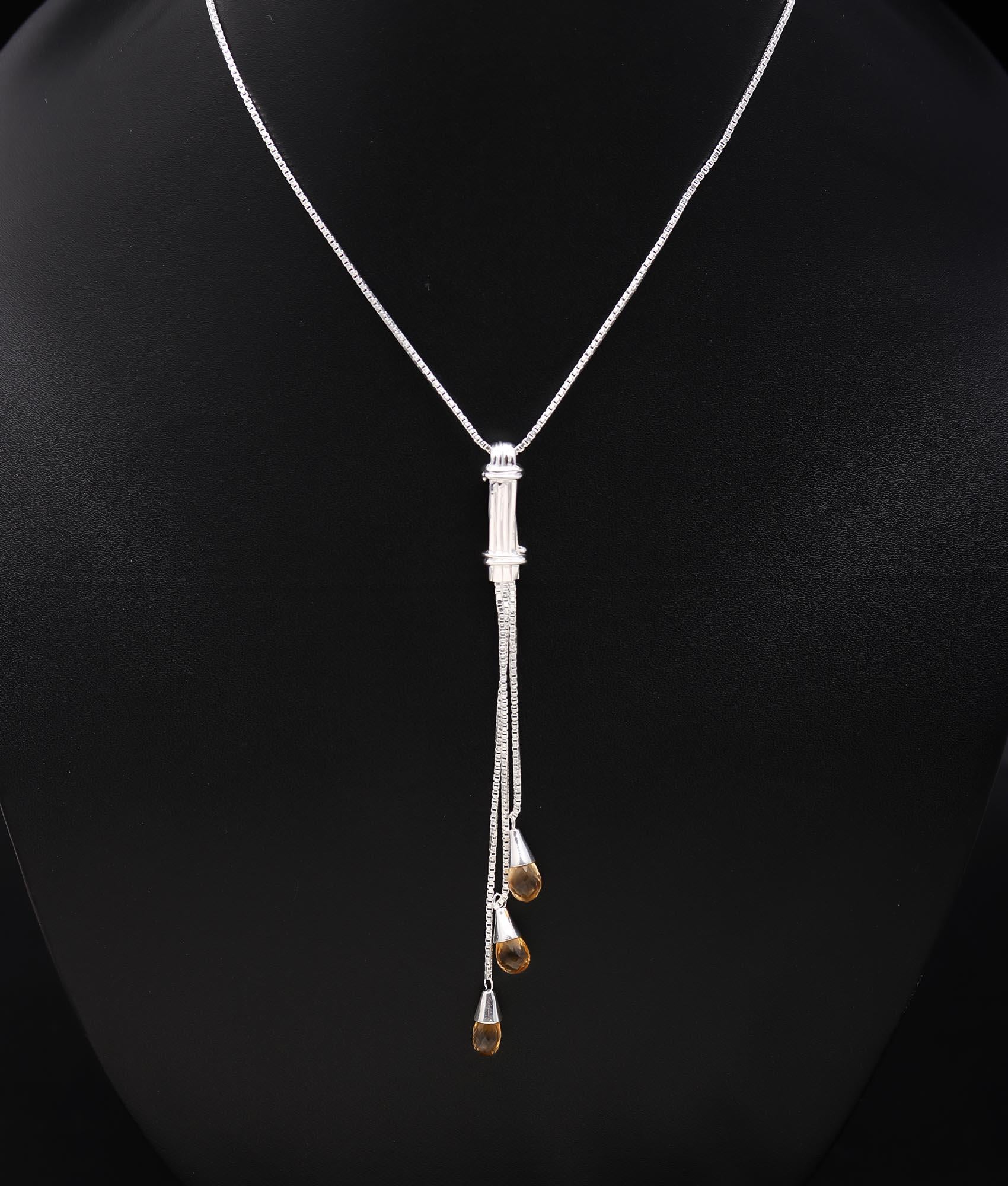 Solid 925 Silver Citrine Drops Designer Necklace Box Chain