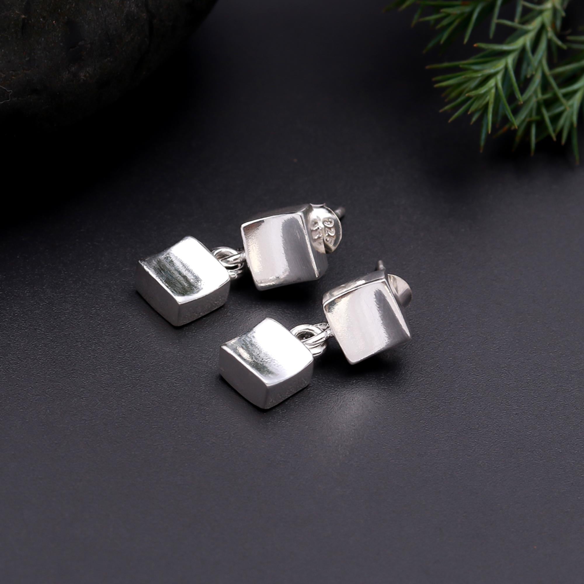 925 Silver Double Cube Stud Drop Earrings