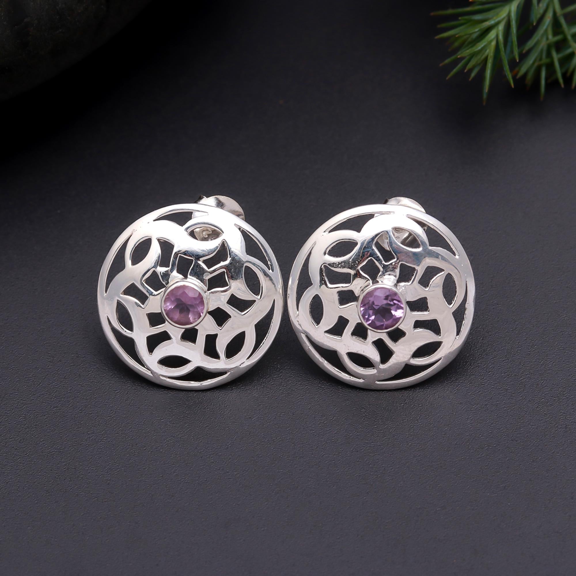 925 Silver Round Amethyst Filigree Stud Earrings