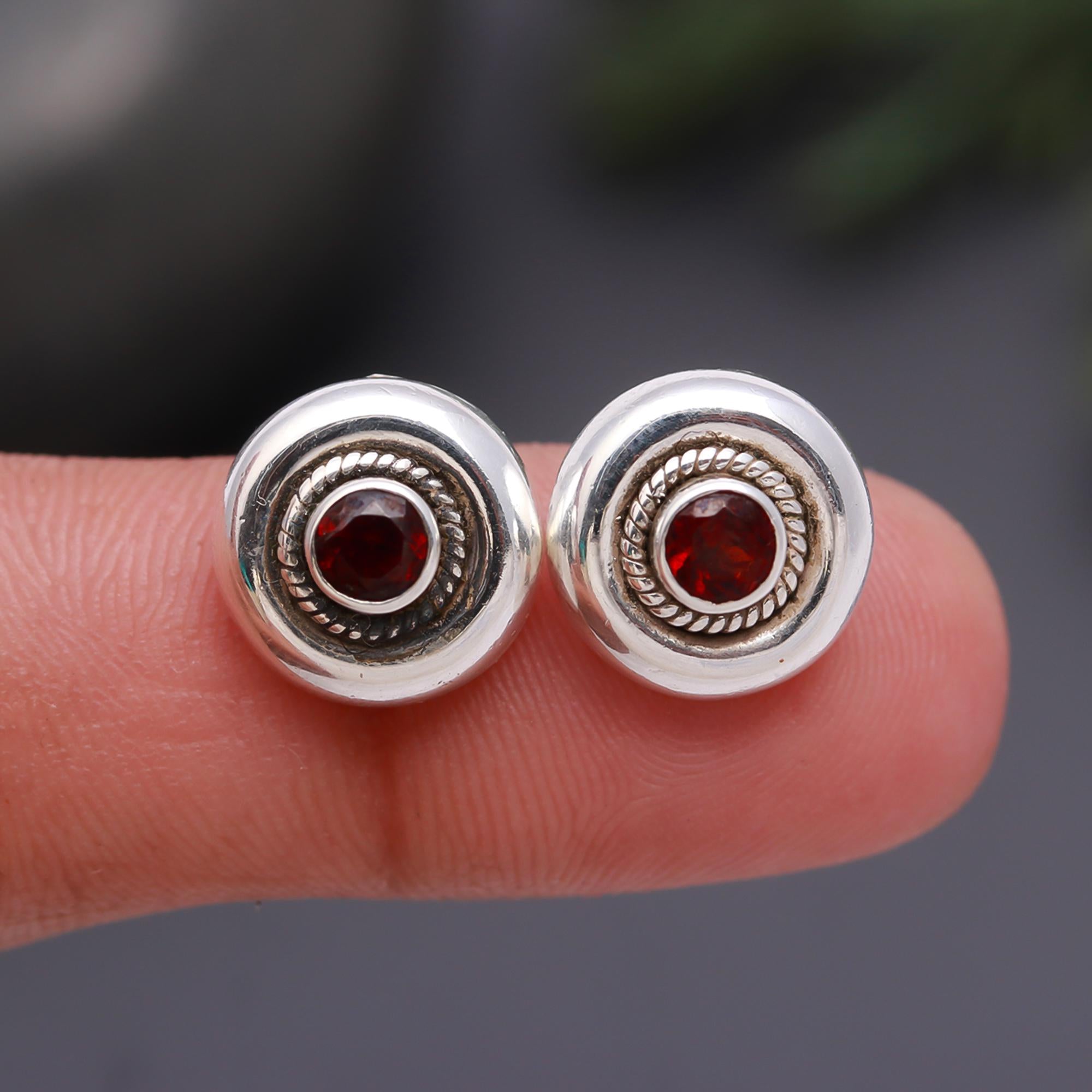 925 Silver Round Garnet Stud Earrings