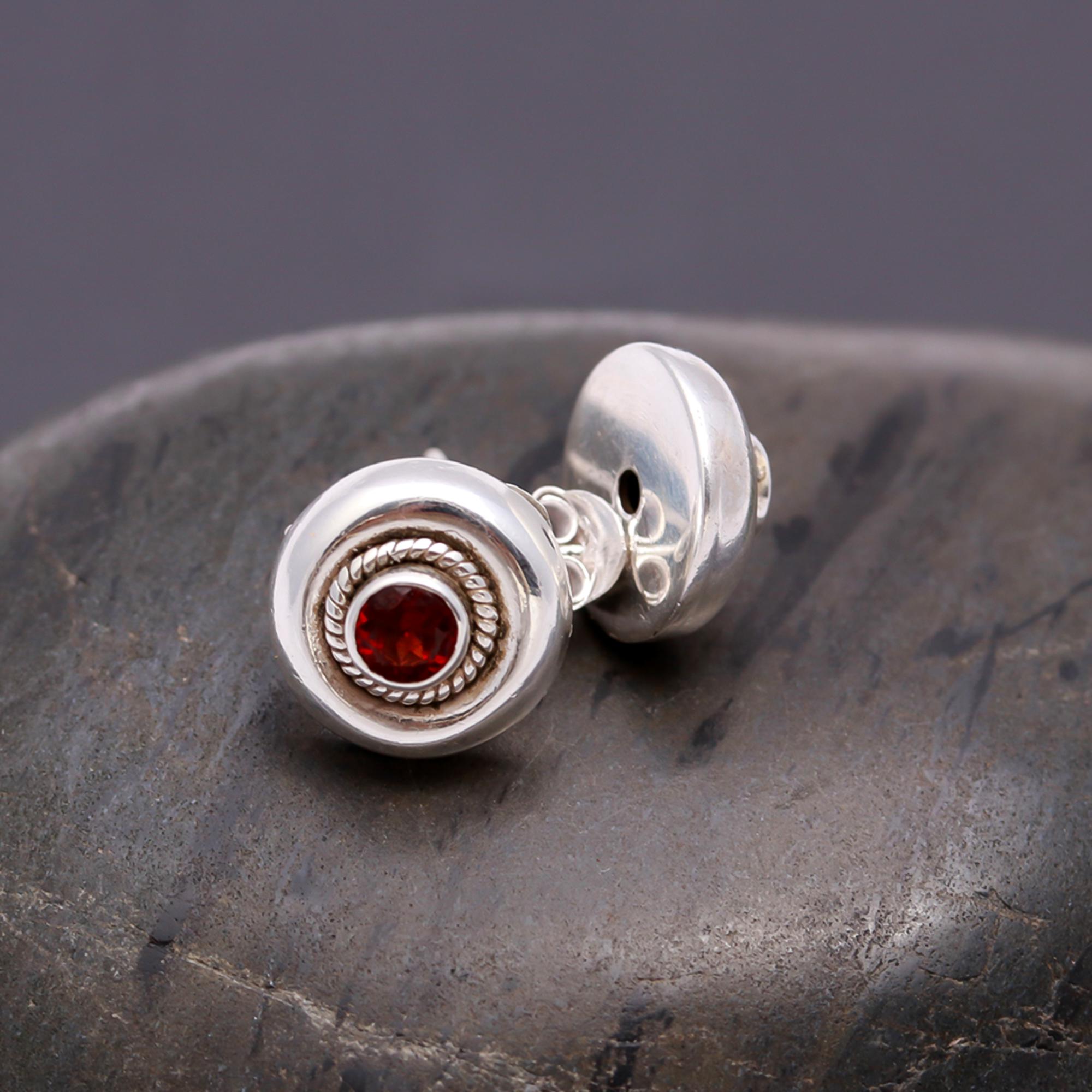925 Silver Round Garnet Stud Earrings
