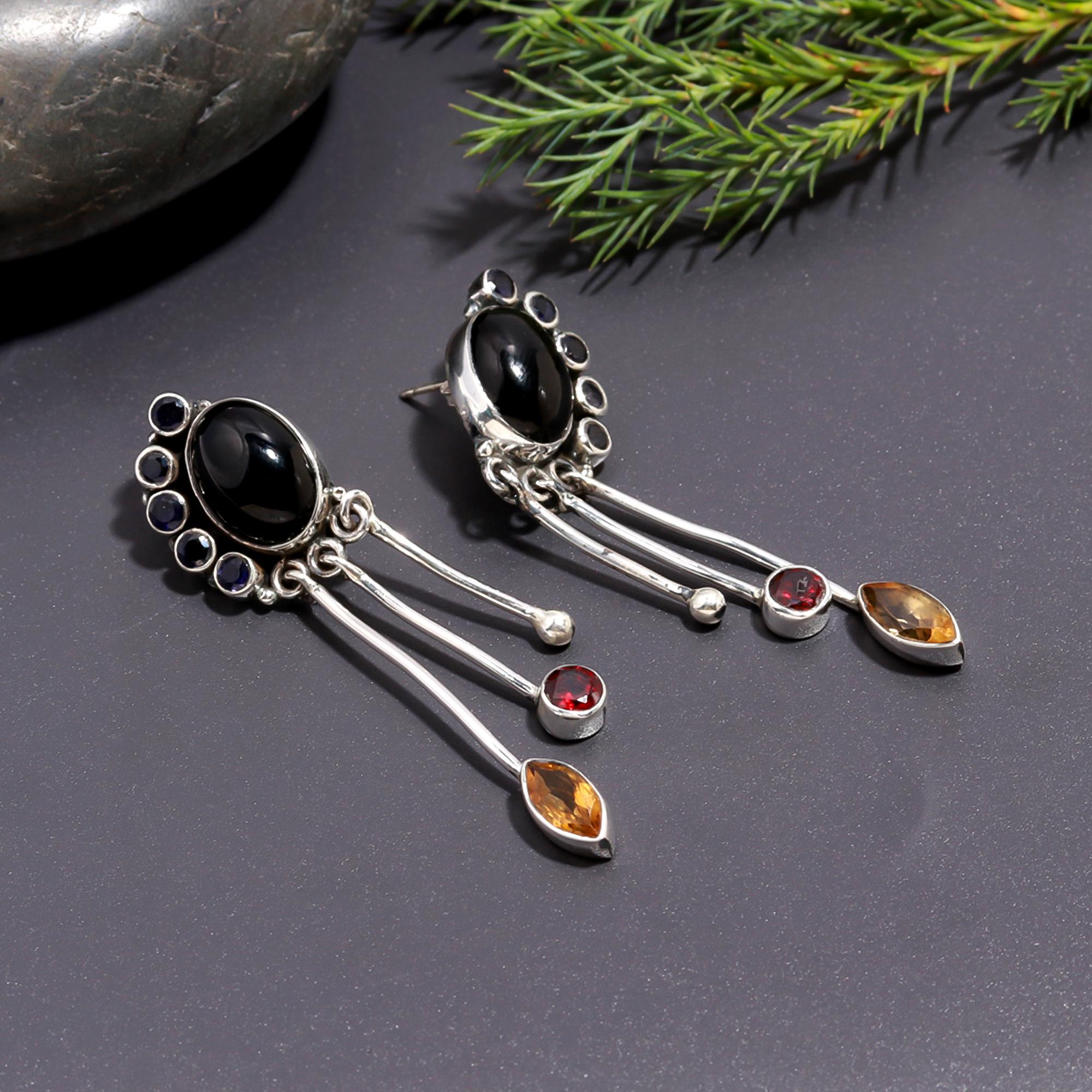 925 Silver Multi-Stone Drop Earrings