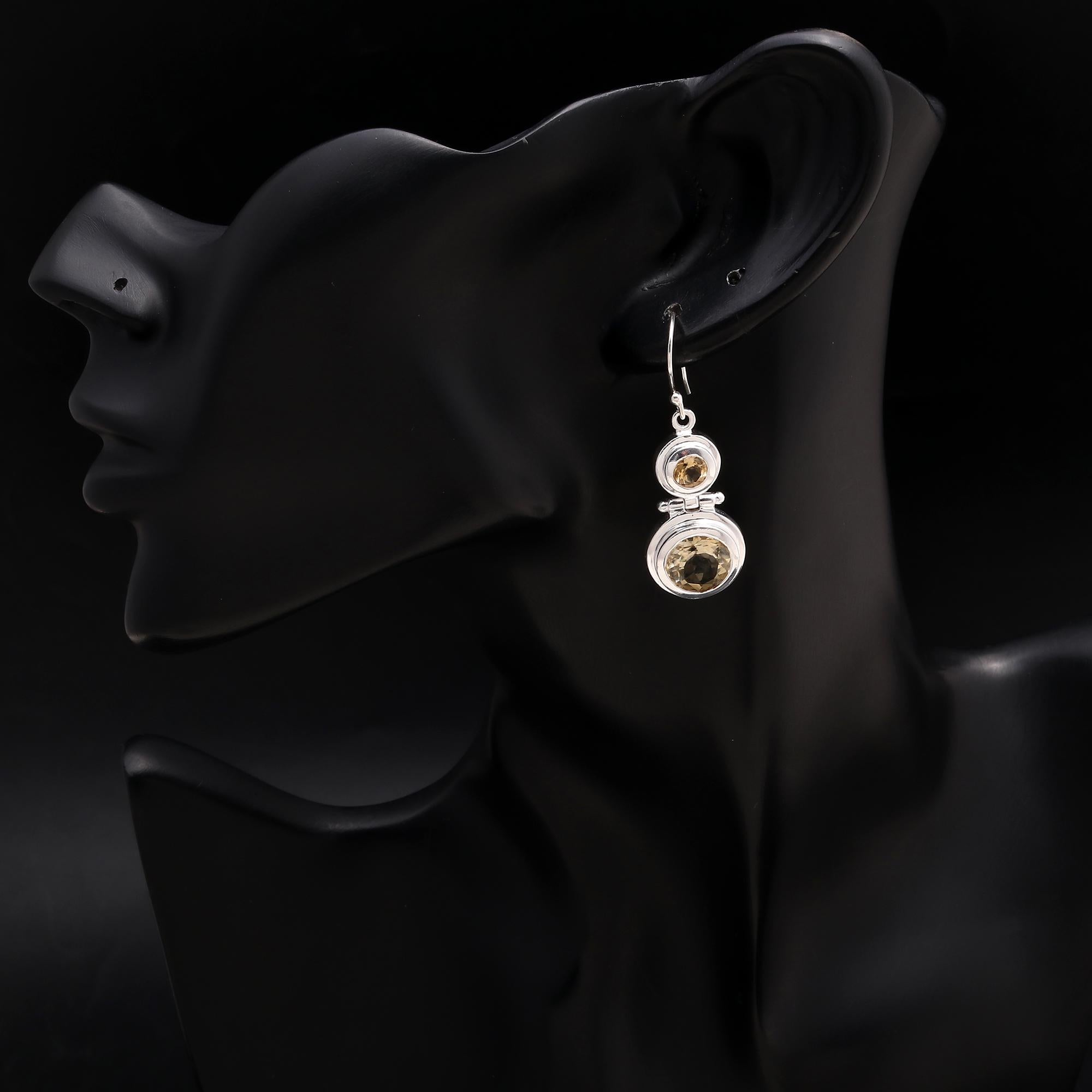 925 Silver Double Circle Faceted Citrine Dangle Earrings