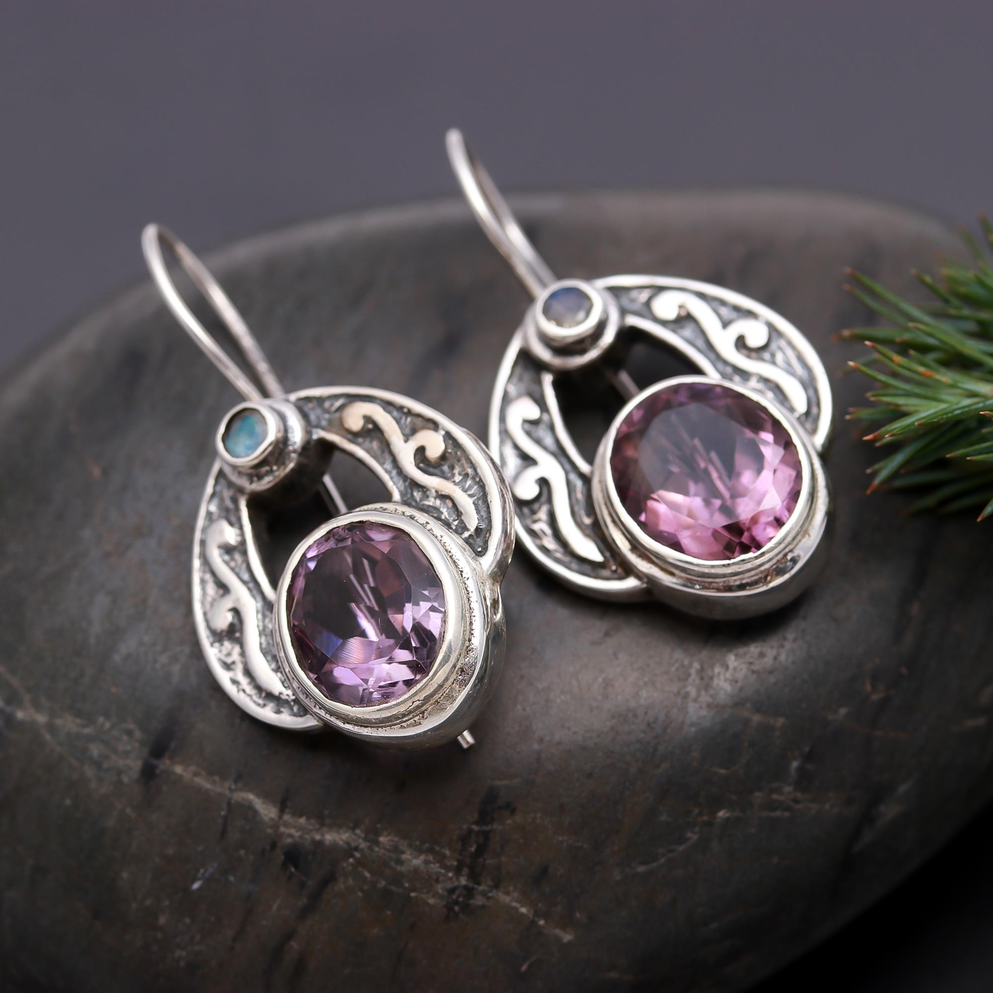 925 Silver Amethyst and Moonstone Dangle Earrings