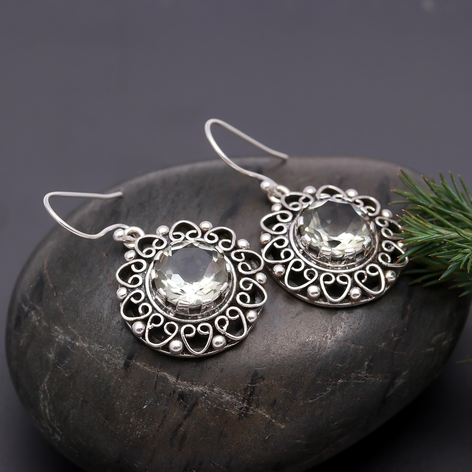 925 Silver Filigree Green Amethyst Dangle Earrings