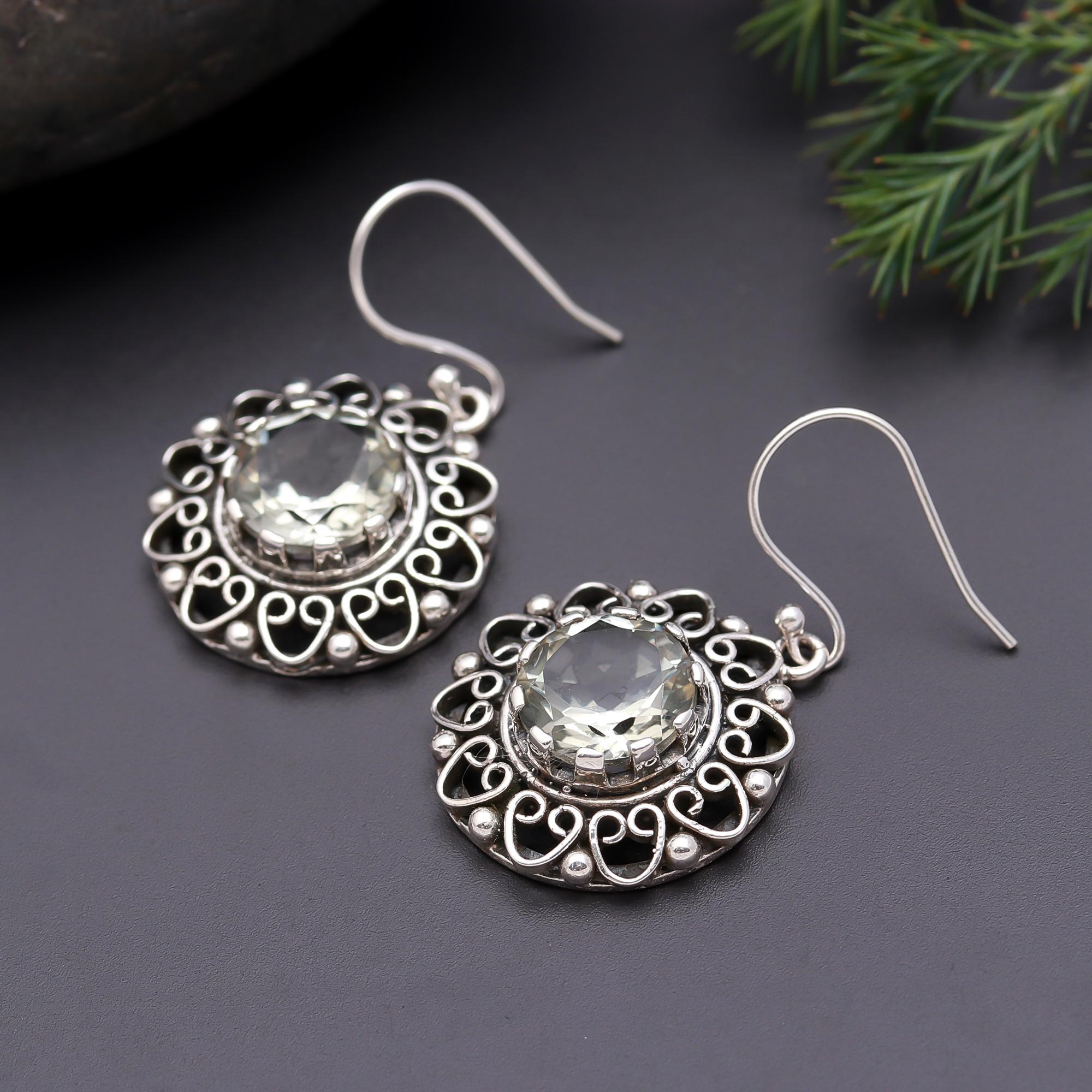 925 Silver Filigree Green Amethyst Dangle Earrings