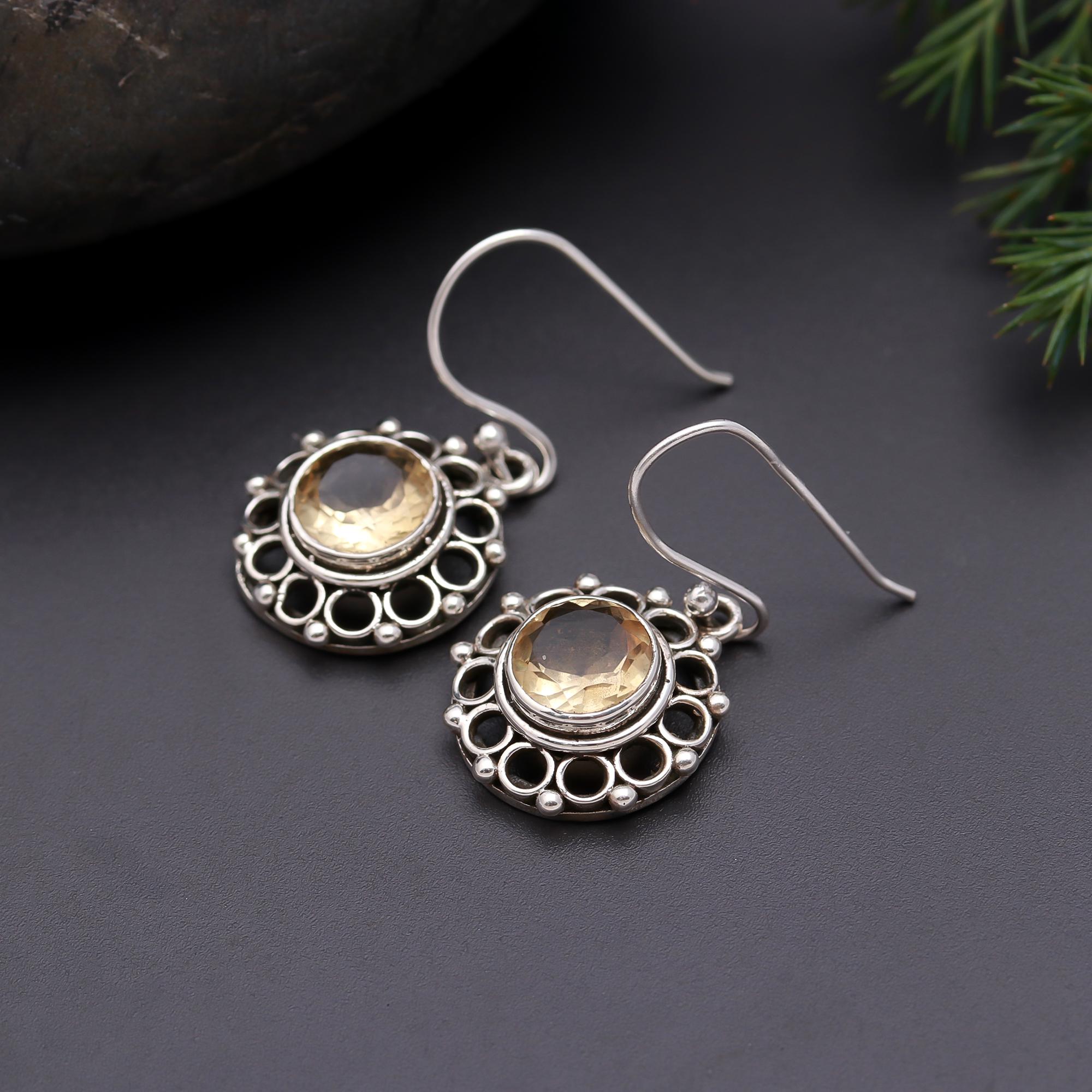 925 Silver Citrine Beaded Frame Dangle Earrings