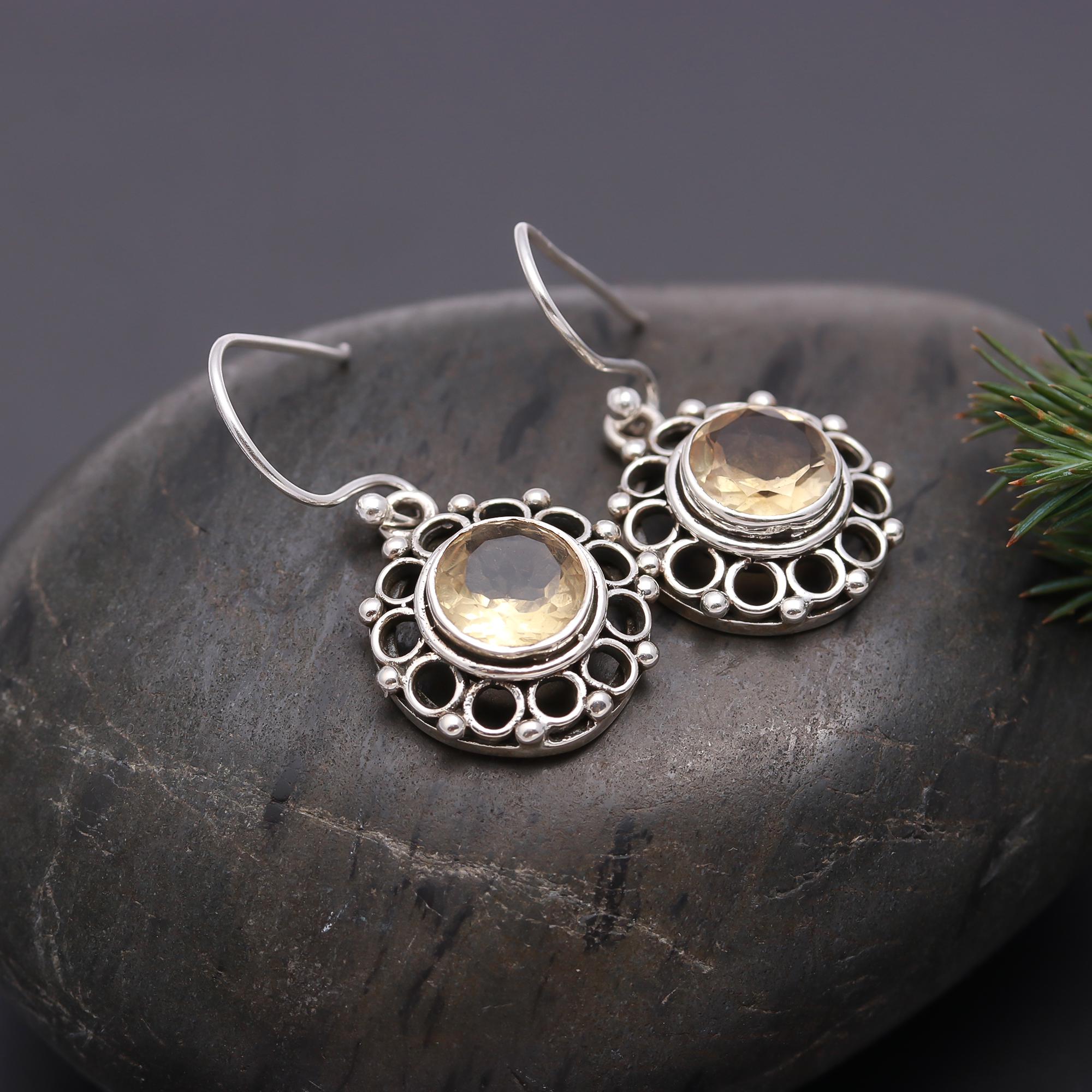 925 Silver Citrine Beaded Frame Dangle Earrings