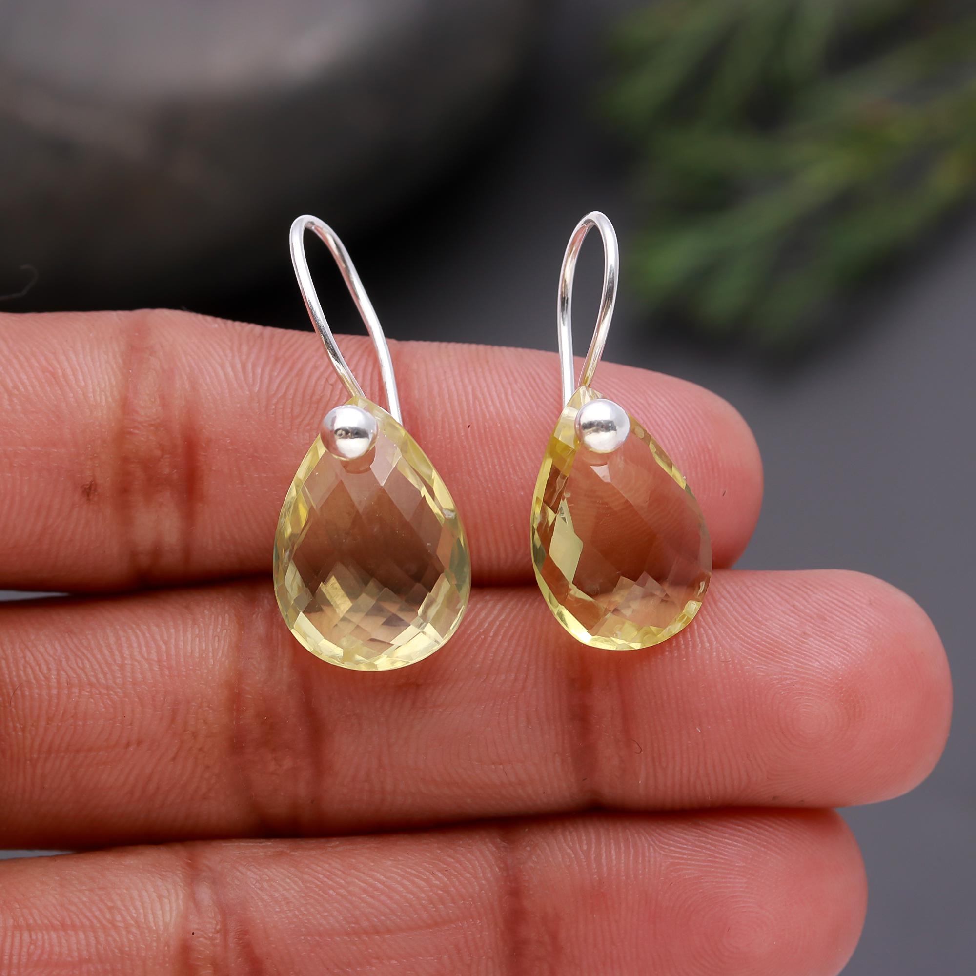 925 Silver Faceted Lemon Quartz Teardrop Dangle Earrings