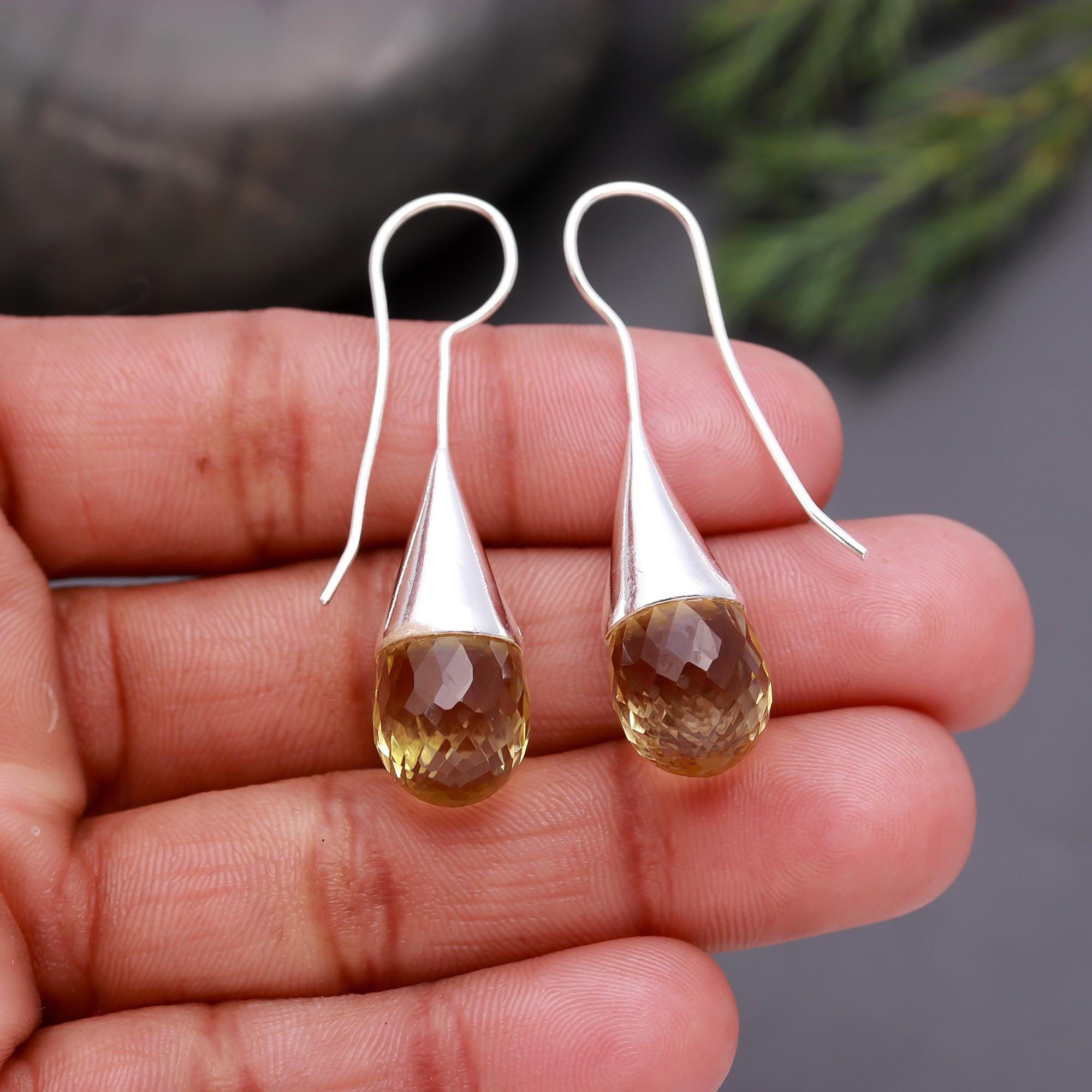 925 Silver Cone Faceted Citrine Dangle Earrings