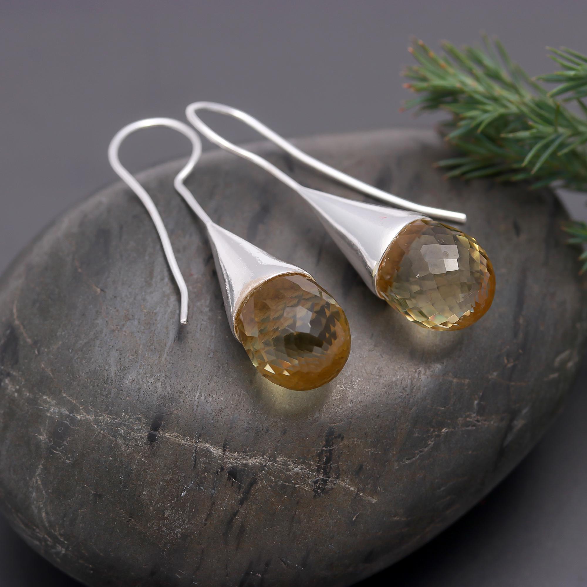 925 Silver Cone Faceted Citrine Dangle Earrings