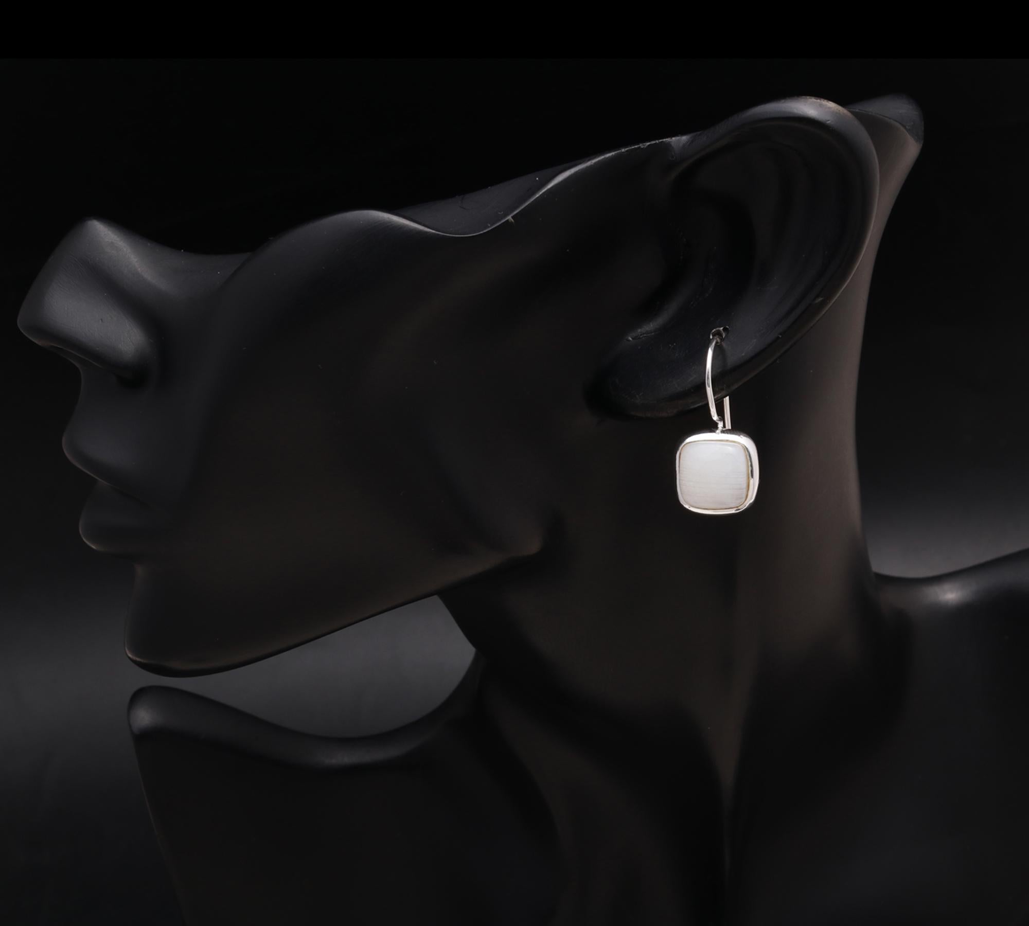 925 Silver Cushion Rainbow Moonstone Dangle Earrings