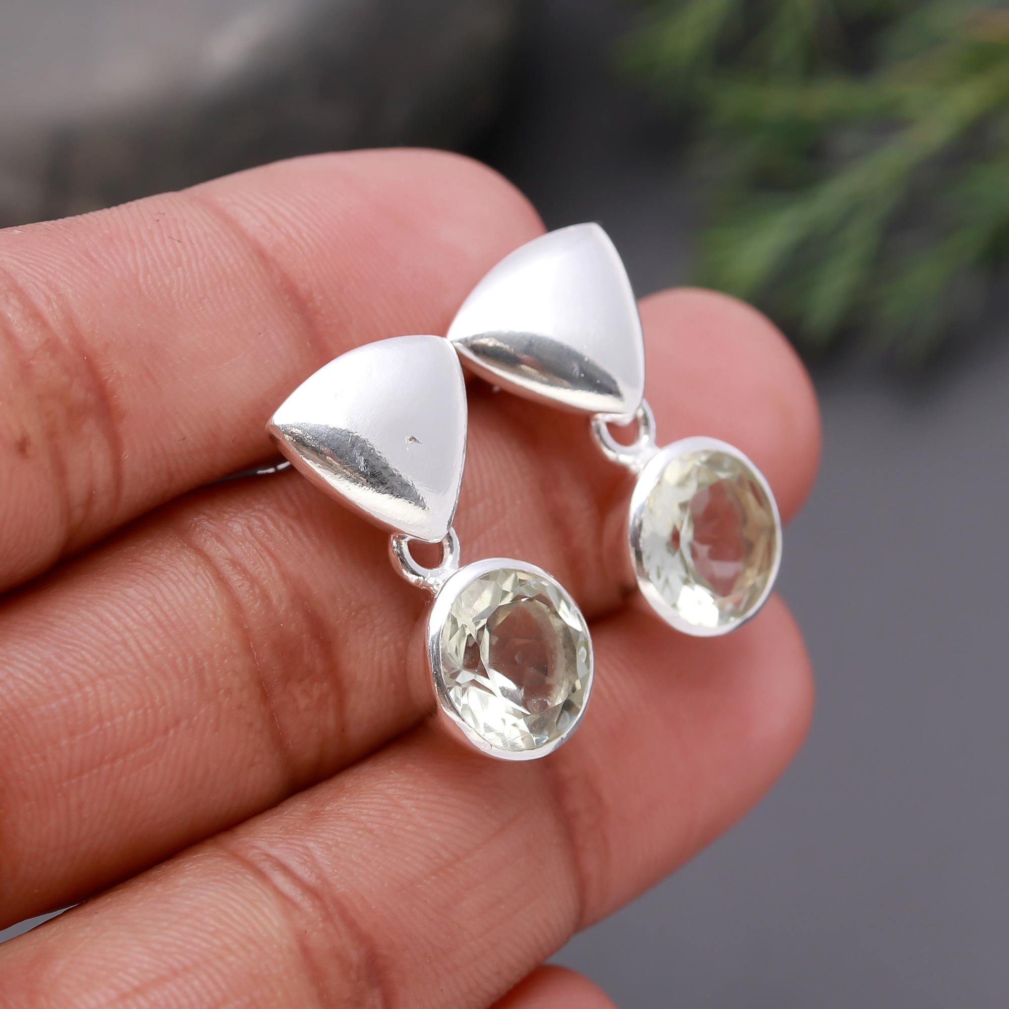 925 Silver Round Green Amethyst Drop Earrings