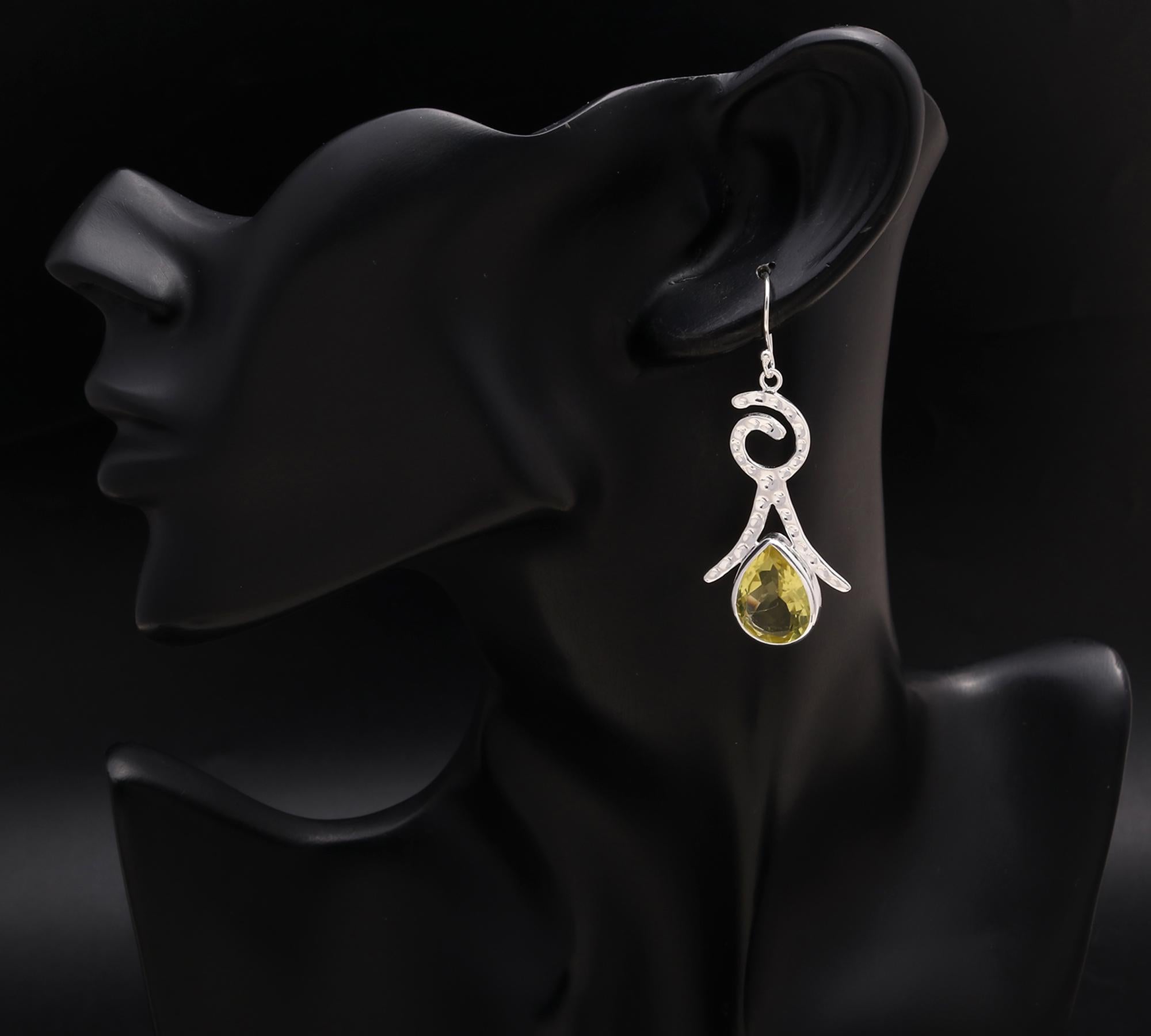 925 Silver Swirl Yellow Quartz Dangle Earrings