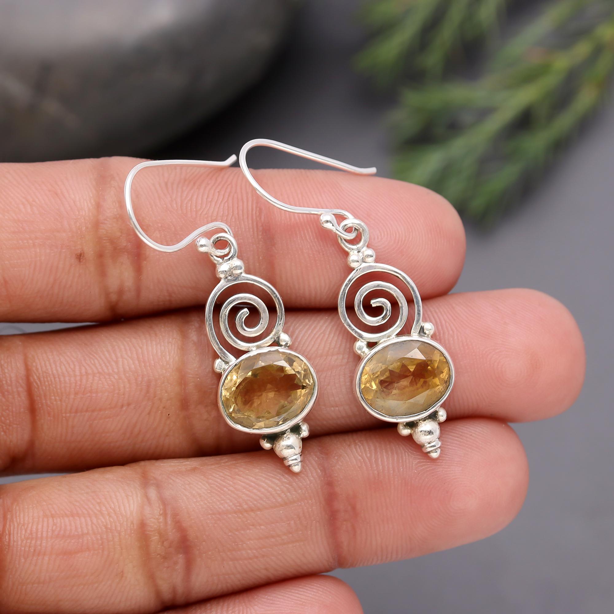 925 Silver Spiral Citrine Dangle Earrings