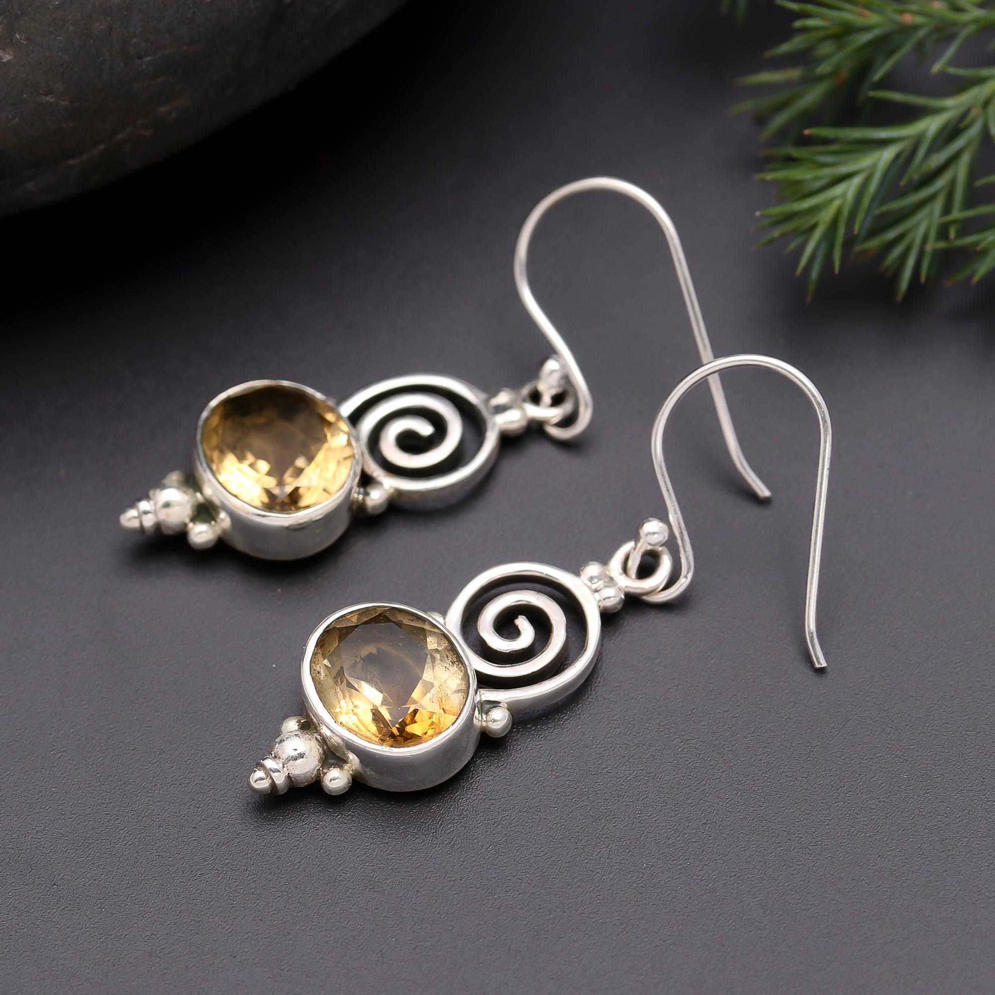 925 Silver Spiral Citrine Dangle Earrings