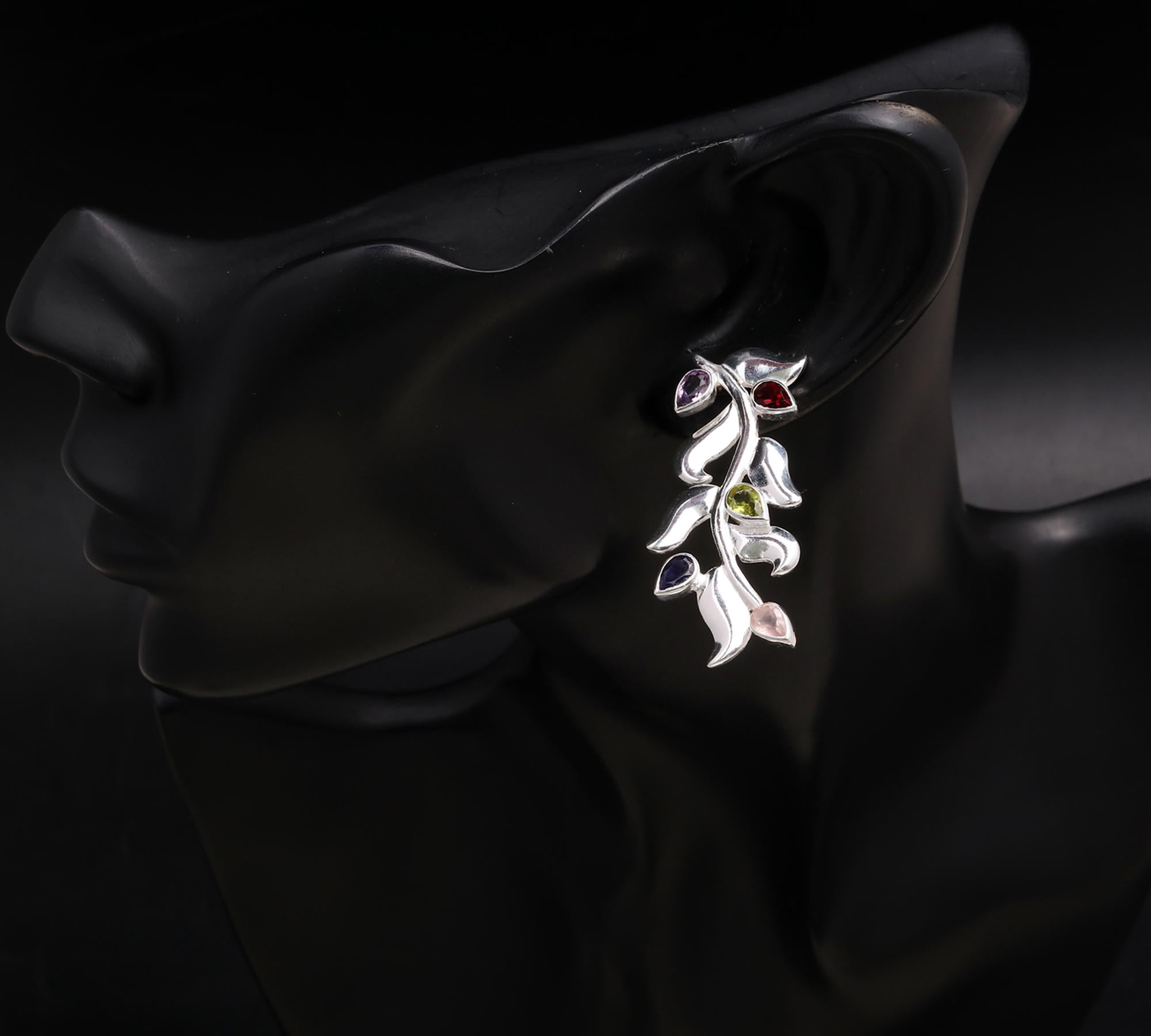 925 Silver Multi-Gemstone Leaf Drop Earrings