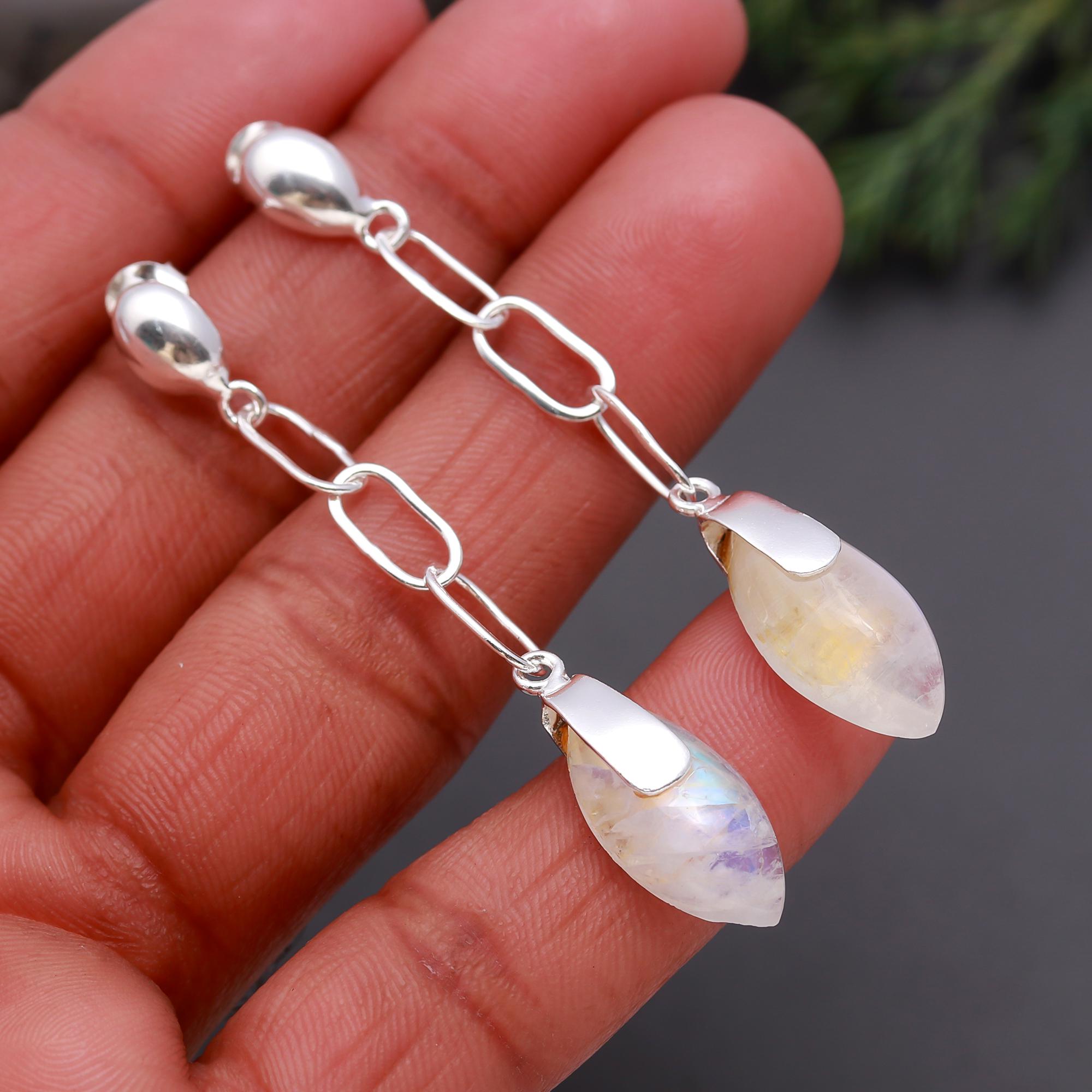 925 Silver Long Chain Moonstone Drop Earrings