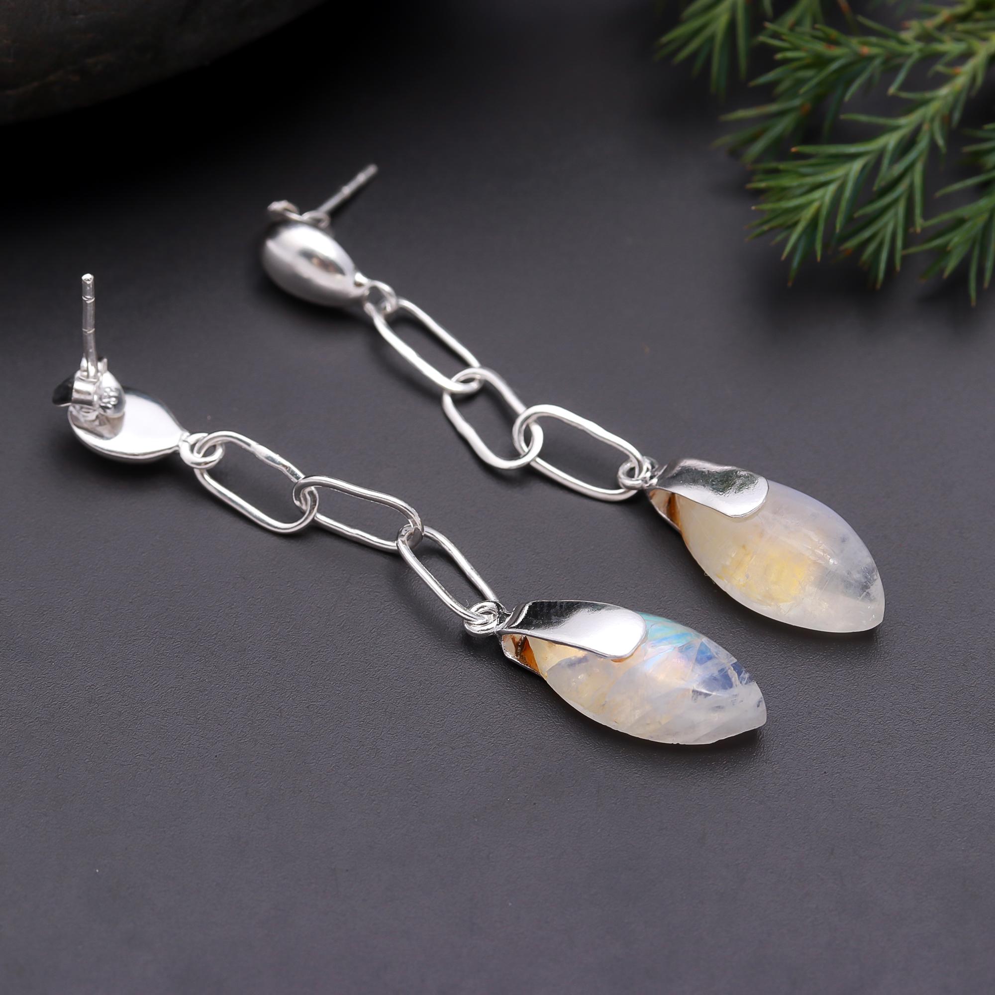 925 Silver Long Chain Moonstone Drop Earrings