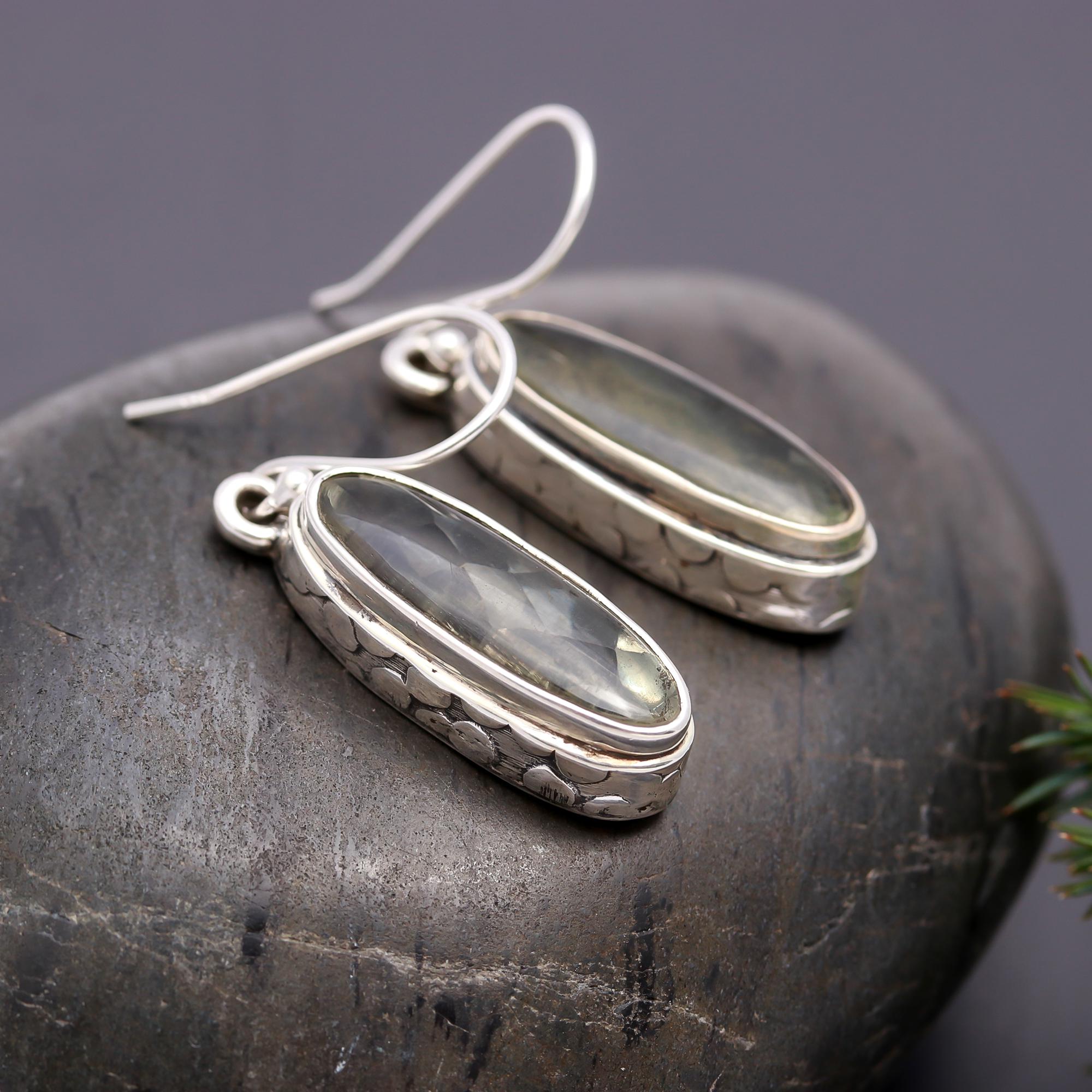 925 Silver Long Oval Green Quartz Dangle Earrings