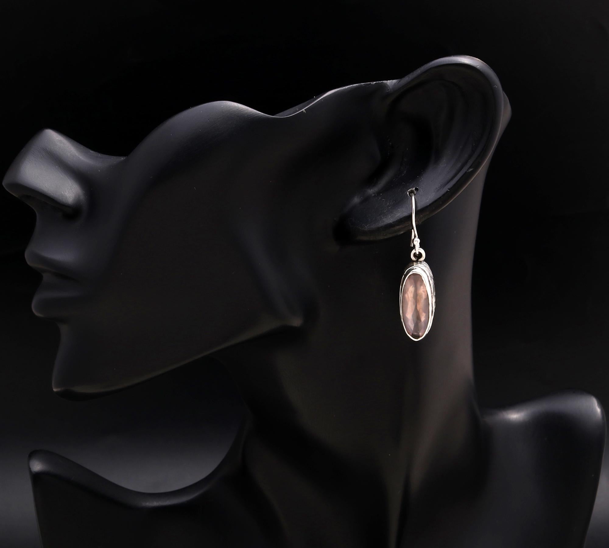 925 Silver Long Oval Smoky Quartz Dangle Earrings