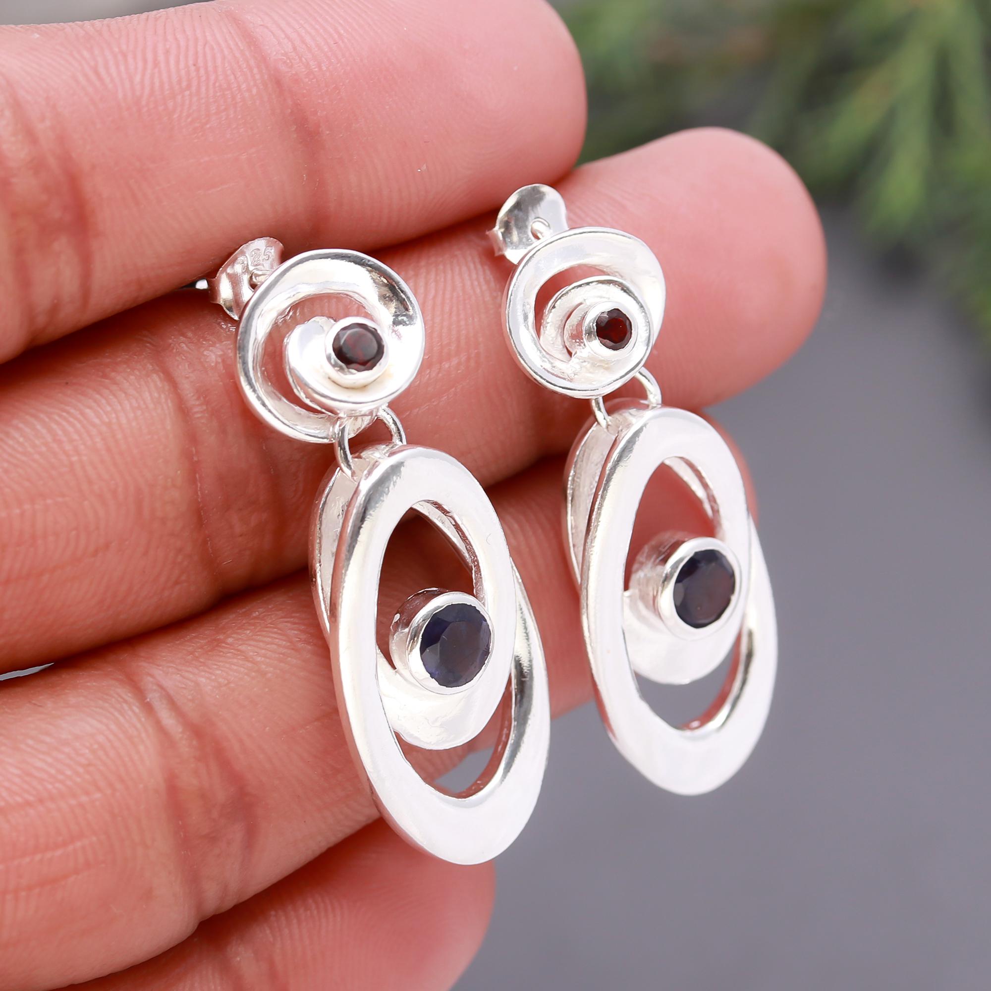925 Silver Garnet and Iolite Dangle Earrings