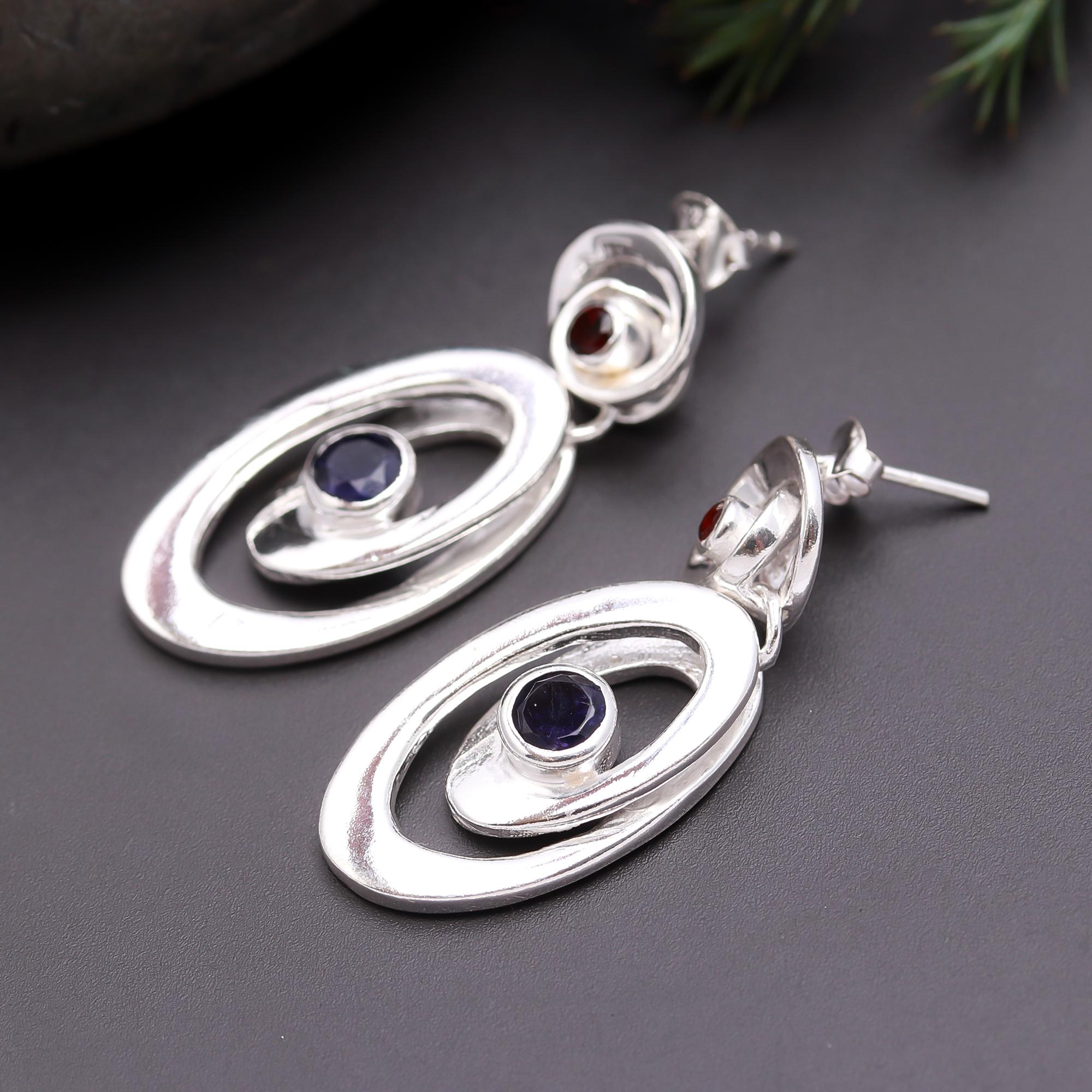 925 Silver Garnet and Iolite Dangle Earrings