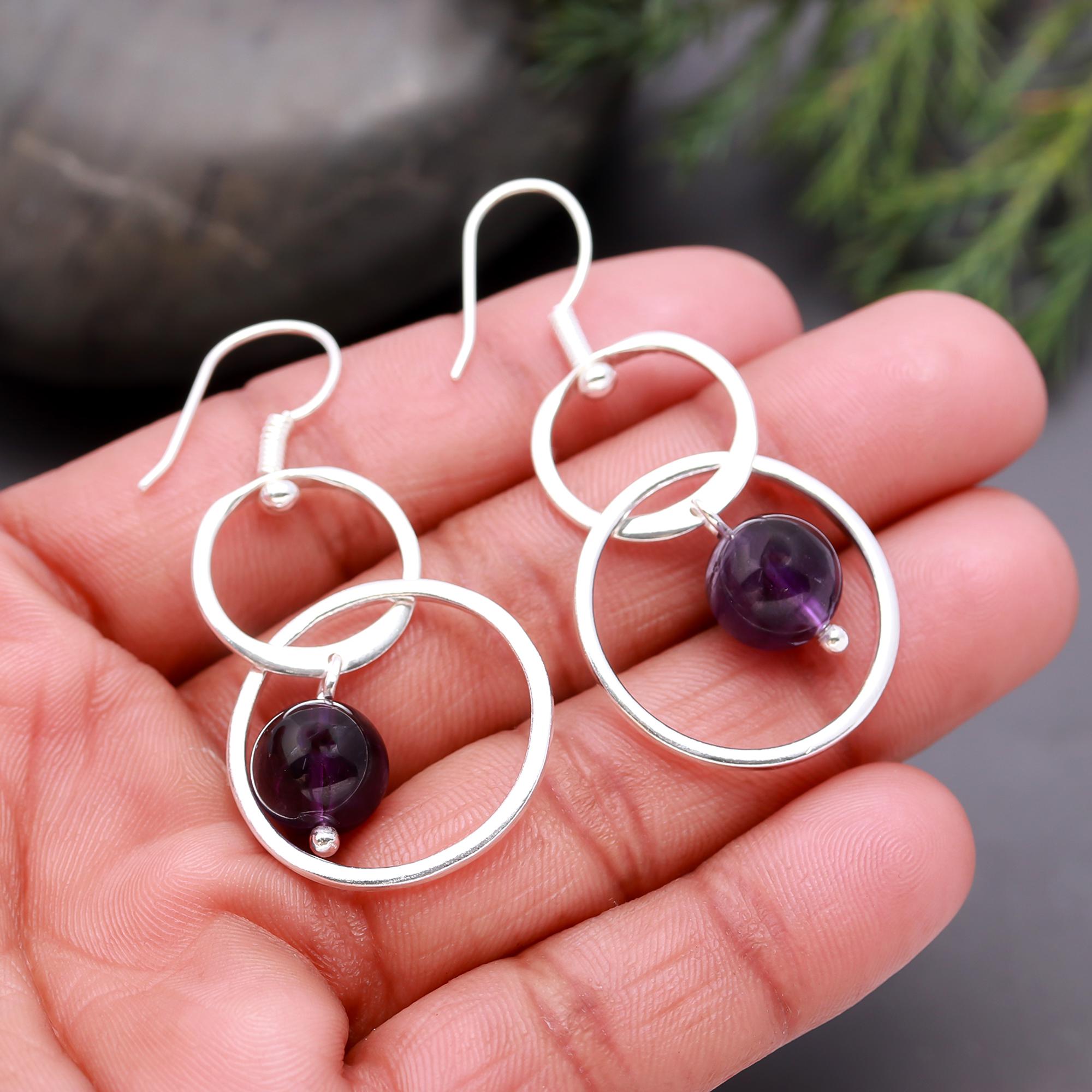 925 Silver Amethyst Bead Double Hoop Dangle Earrings