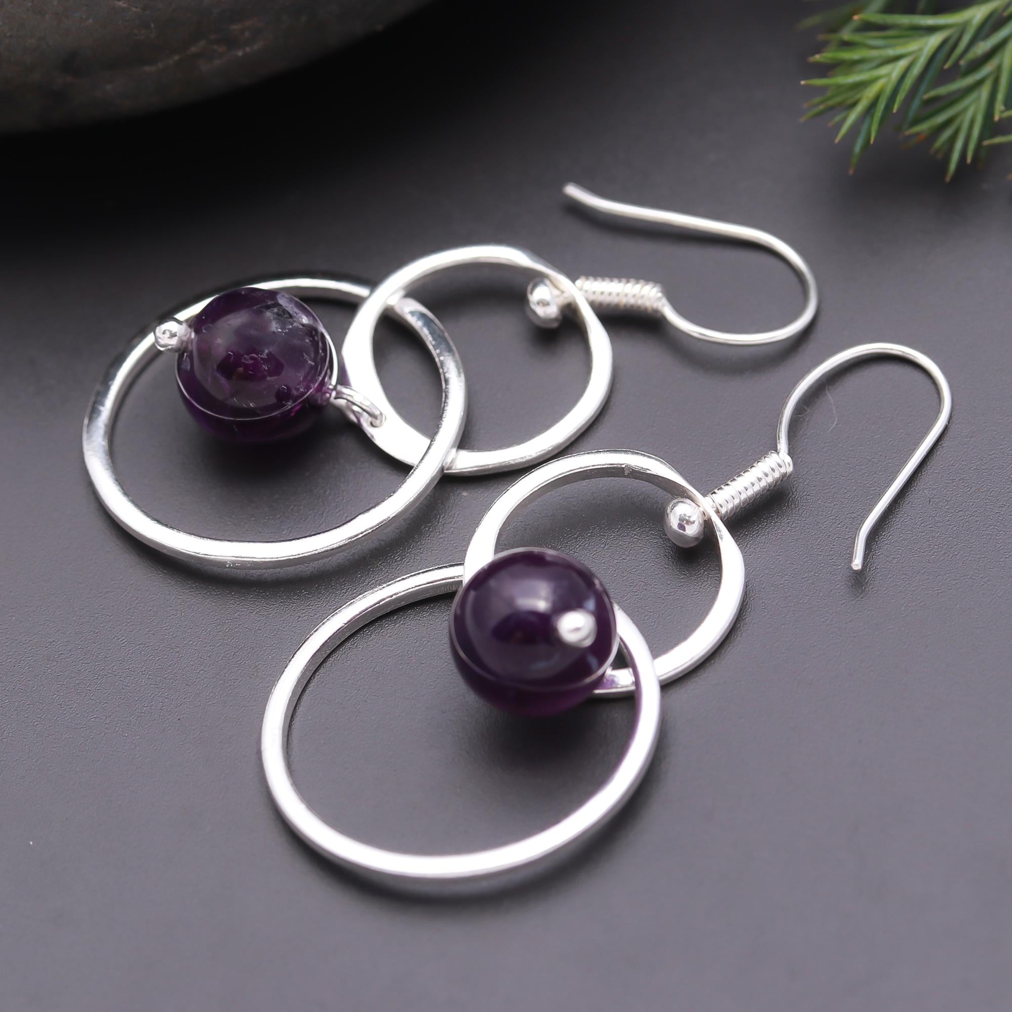 925 Silver Amethyst Bead Double Hoop Dangle Earrings