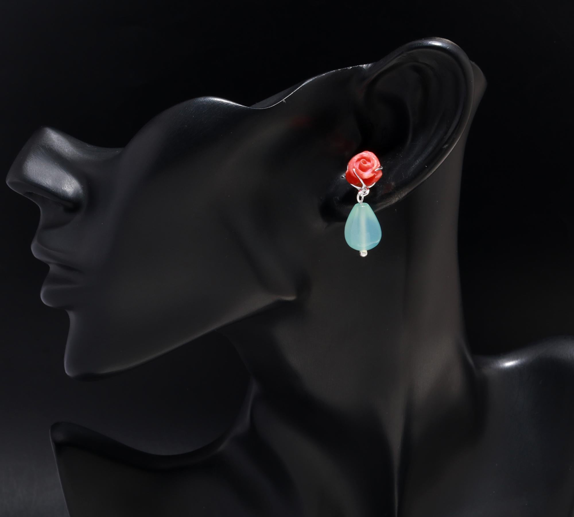 925 Silver Rose Coral & Aqua Chalcedony Drop Earrings